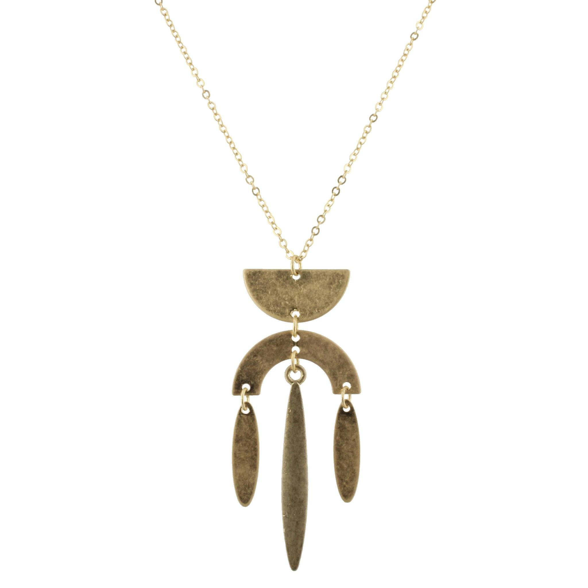32" Gold Chain Necklace with Gold Half Circle, Upside Down U with Long Oval Drops, 3" Ext