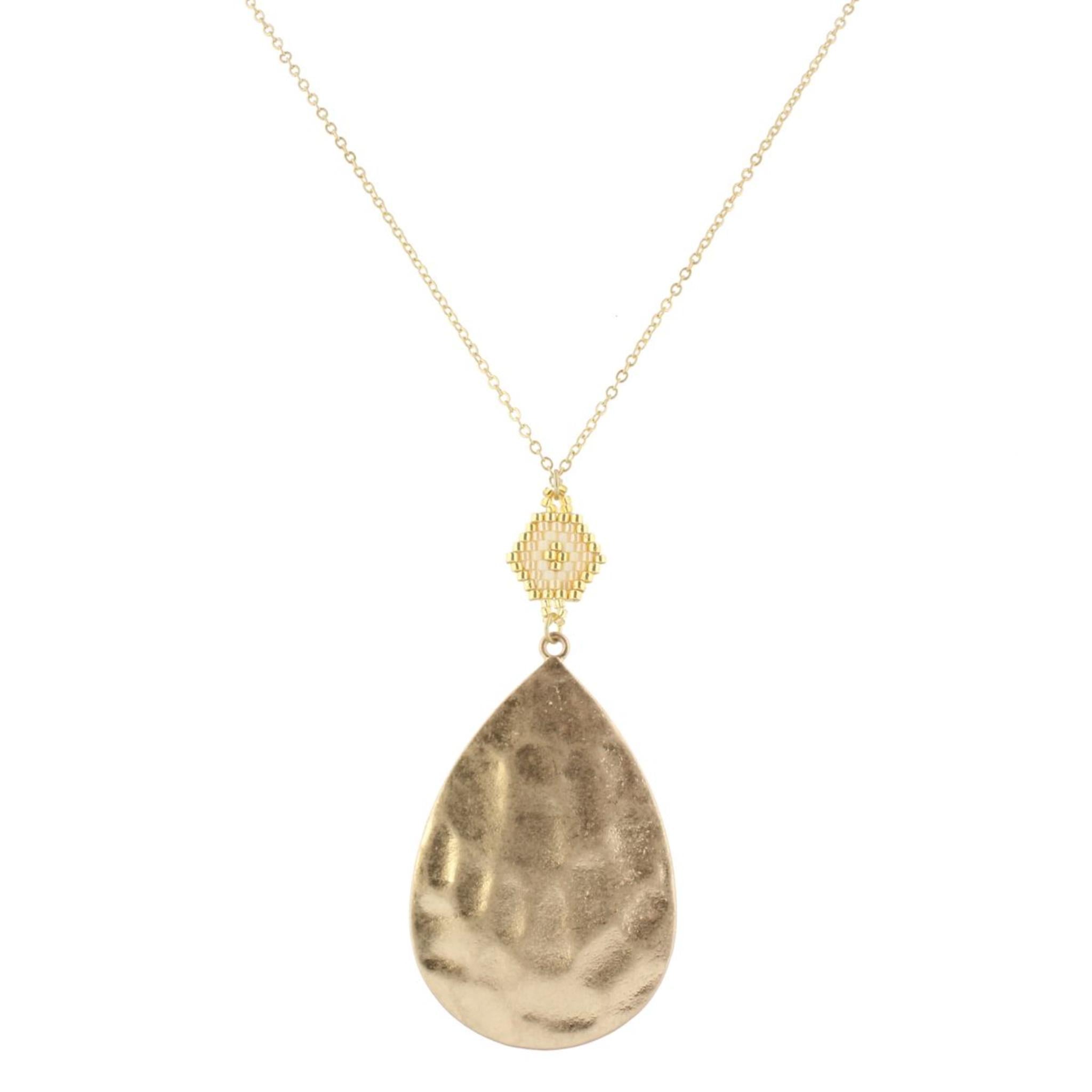 30" Gold Chain Necklace with Gold, Ivory & Champagne Pendant with Gold Teardrop, 3" Ext