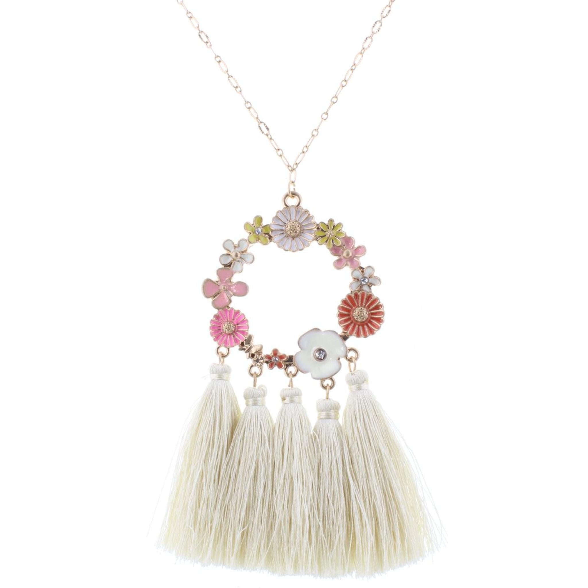 32" Floral Enamel Circle Necklace with Ivory Tassels, 3" Ext