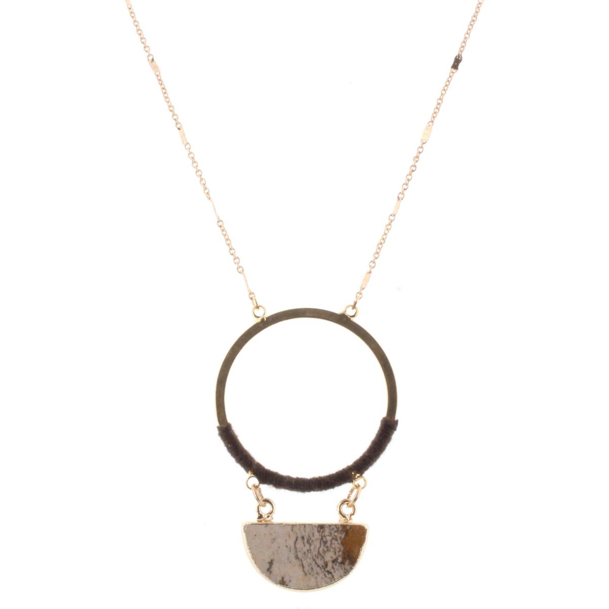 32" Gold Chain Necklace with Brown Wrapped Circle with Picute Jasper Stone Half Circle, 3" Ext