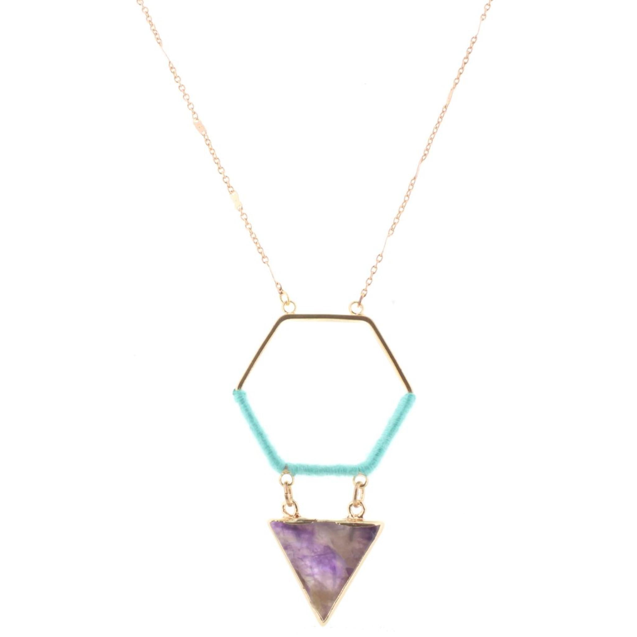 32" Gold Chain Necklace with Turquoise Wrapped Hexagon with Amethyst Stone Triangle, 3" Ext