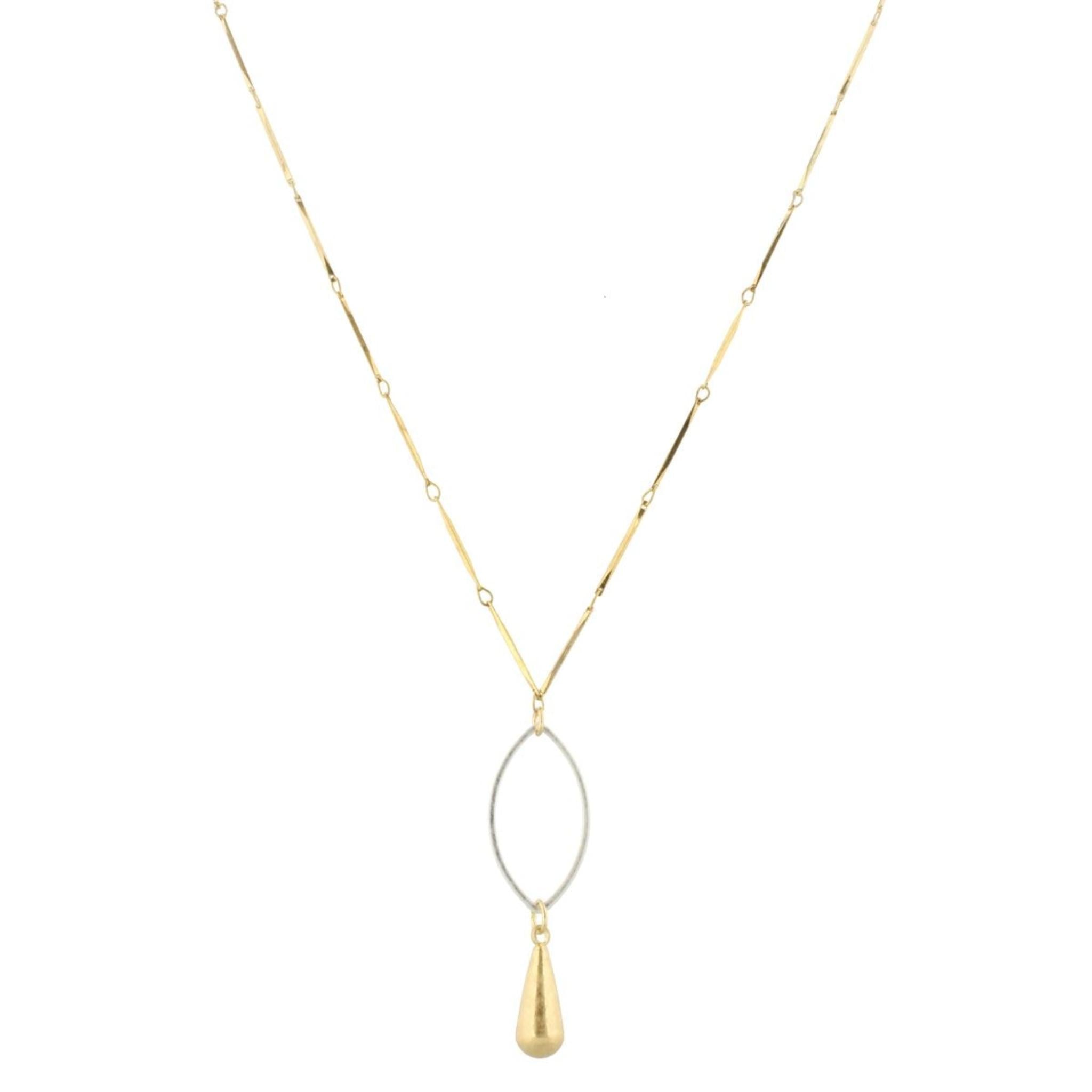 32" Gold Bar Link Chain Necklace with Silver Pointed Oval & Gold Weight, 3" Ext