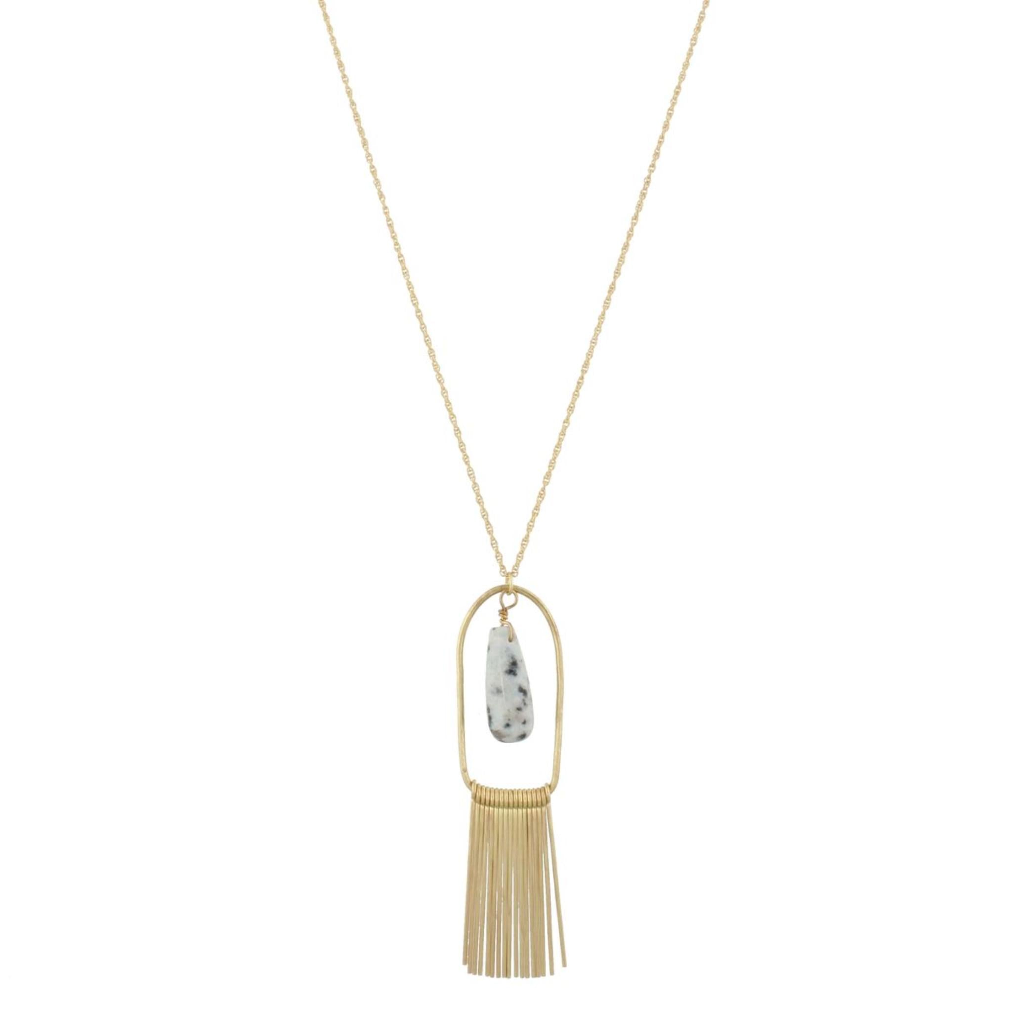 32" Gold Chain Necklace Kiwi Stone with Gold Fringe, 3" Ext