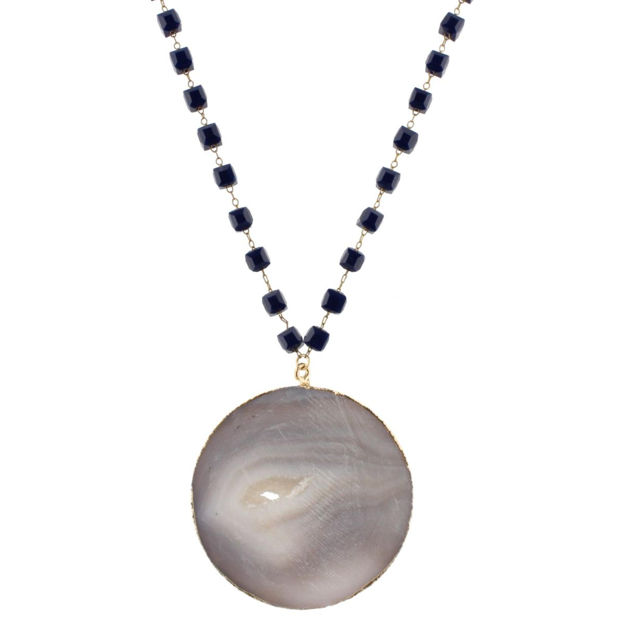 32" Navy Cube Linked with Grey Circle AgateNecklace, 3" Ext
