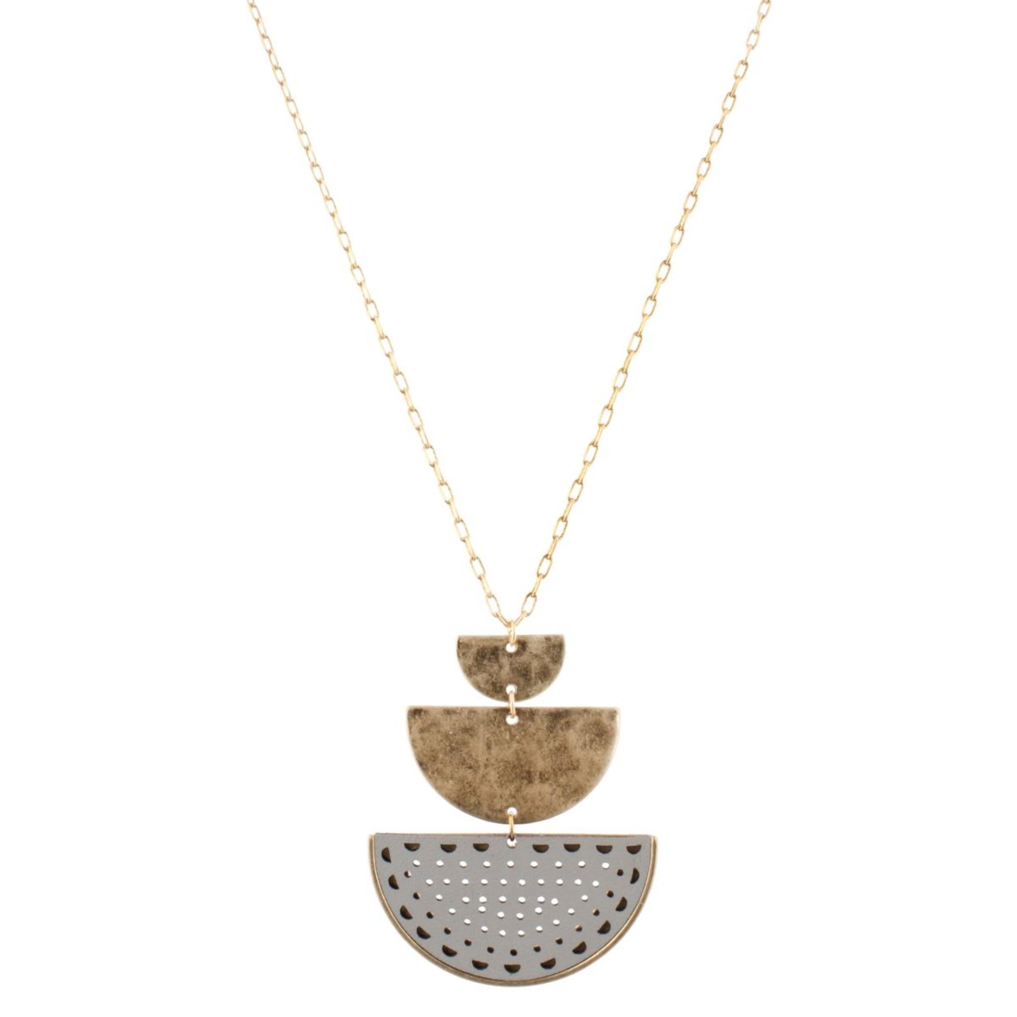 32" Gold Chain Necklace with Two Half Circles & Grey Cutout Leather Half Circle, 3" Ext