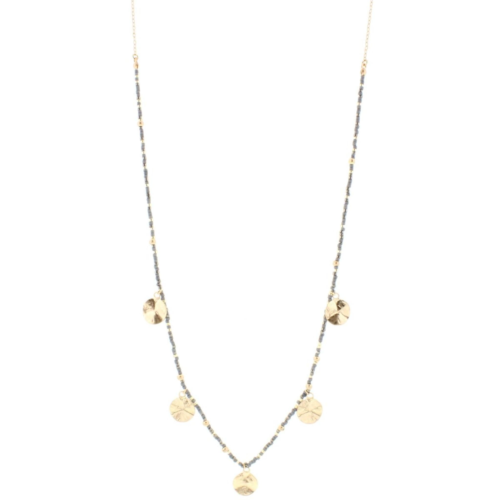 32" Grey Delicate Necklace 1/2 Beaded with Gold Disks, 3" Ext
