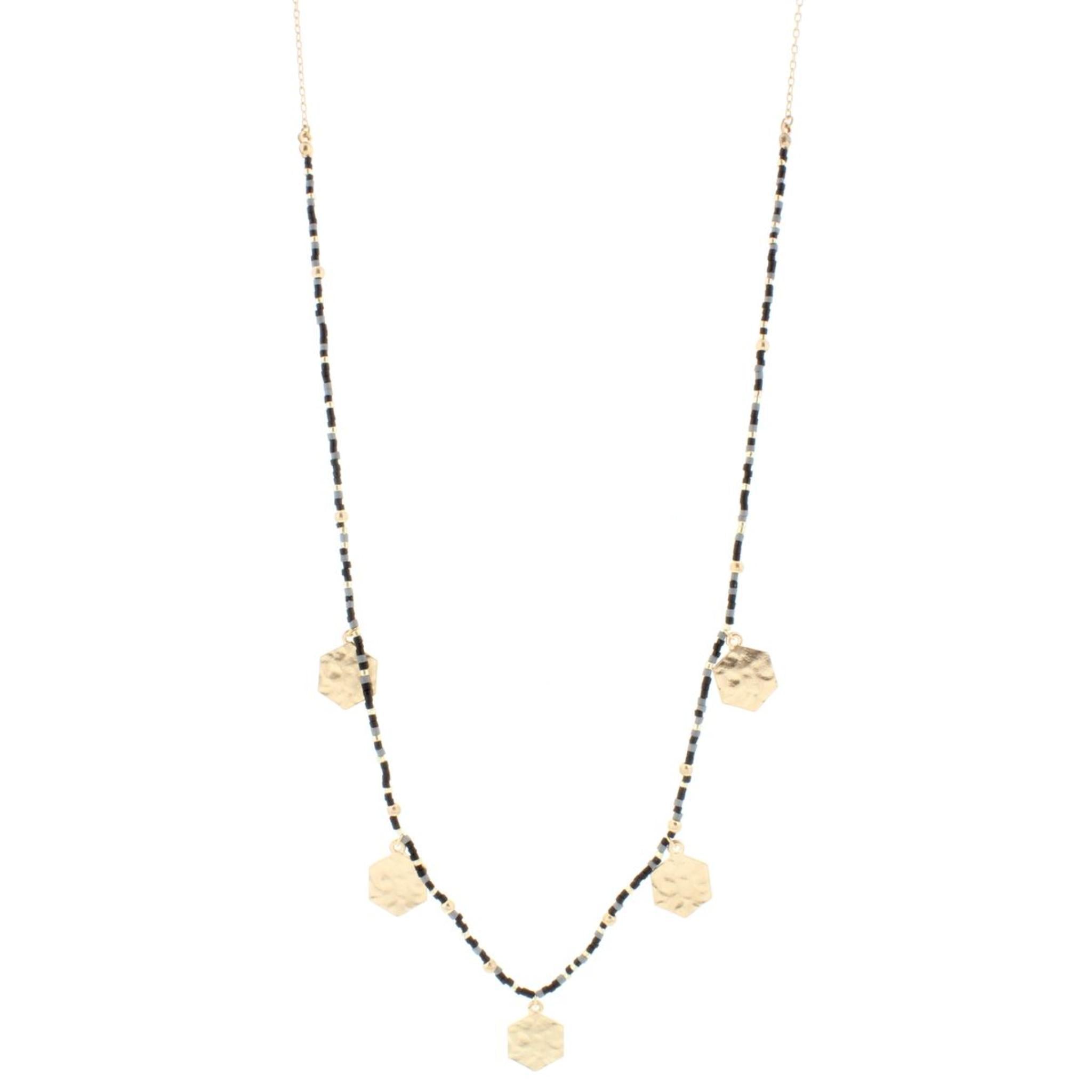 32" Jet, Grey Delicate Necklace 1/2 Beaded with Gold Hexagons, 3" Ext