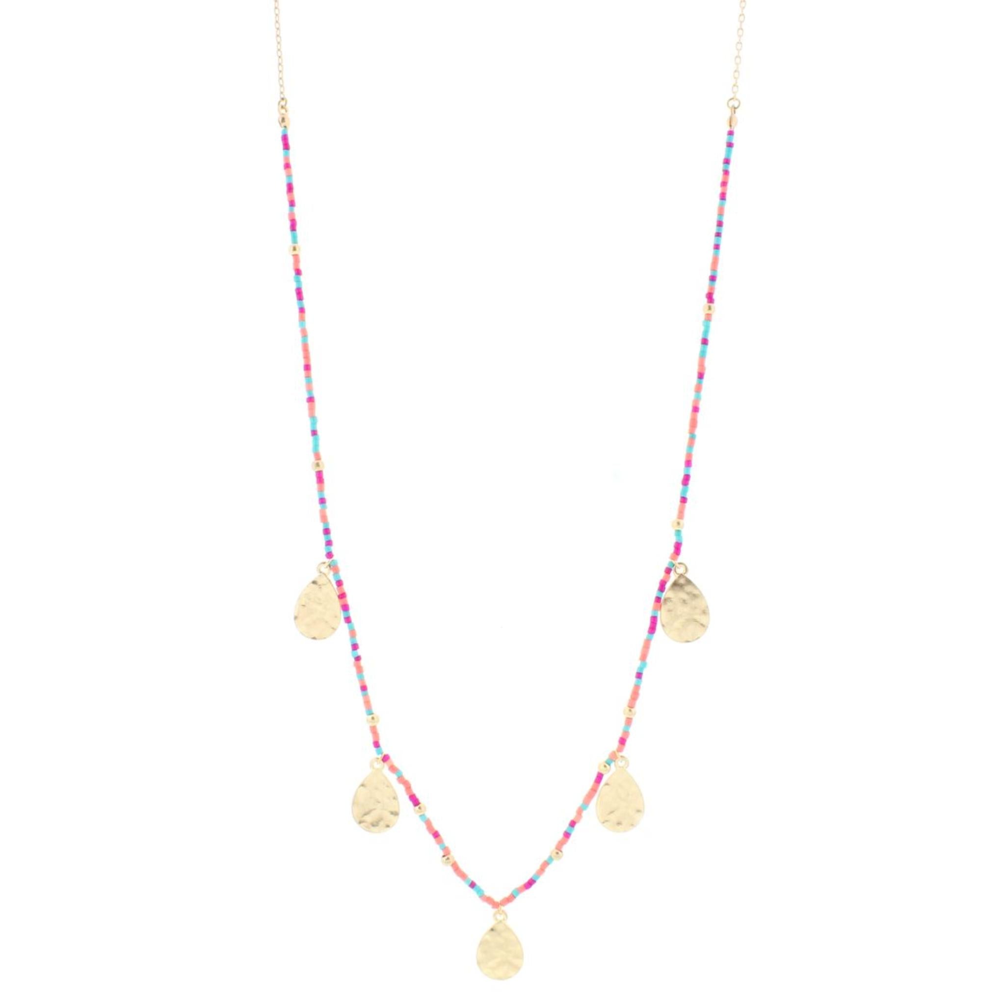 32" Pink, Peach, Blue Delicate Necklace 1/2 Beaded with Gold Teardrops, 3" Ext