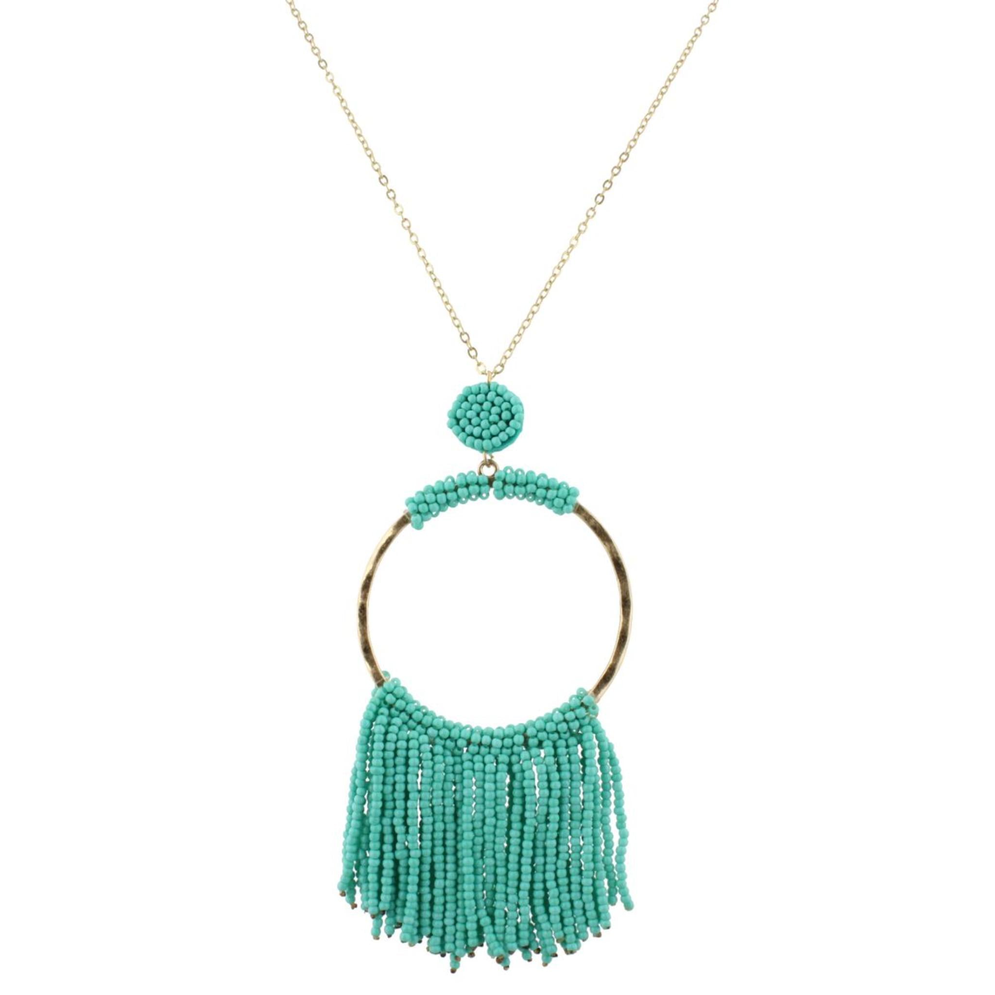 32" Gold Chain Necklace with Turquoise Beaded Hoop with Turquoise Beaded Fringe, 3" Ext