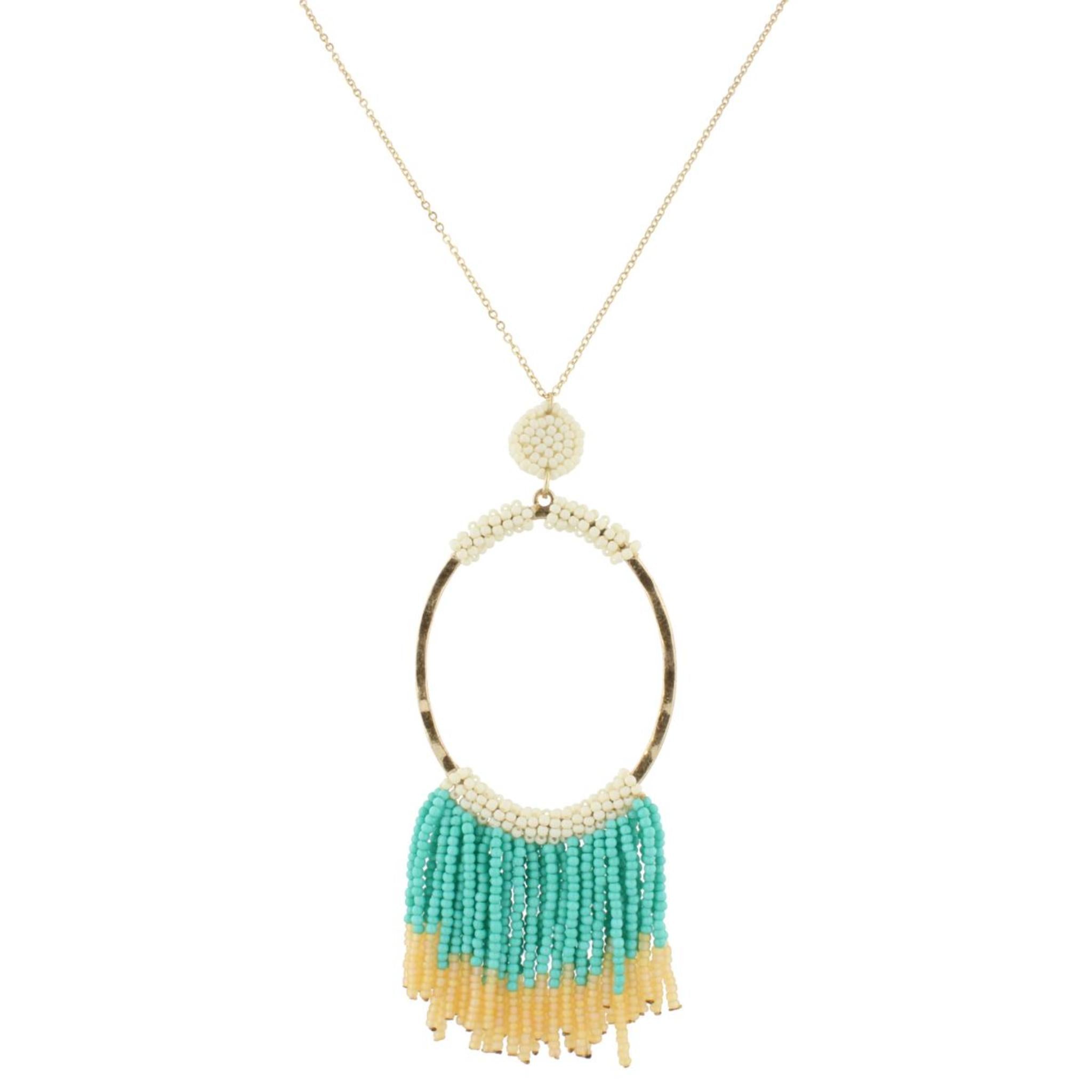 32" Gold Chain Necklace with Ivory Beaded Oval with Turquoise Beaded Fringe, 3" Ext