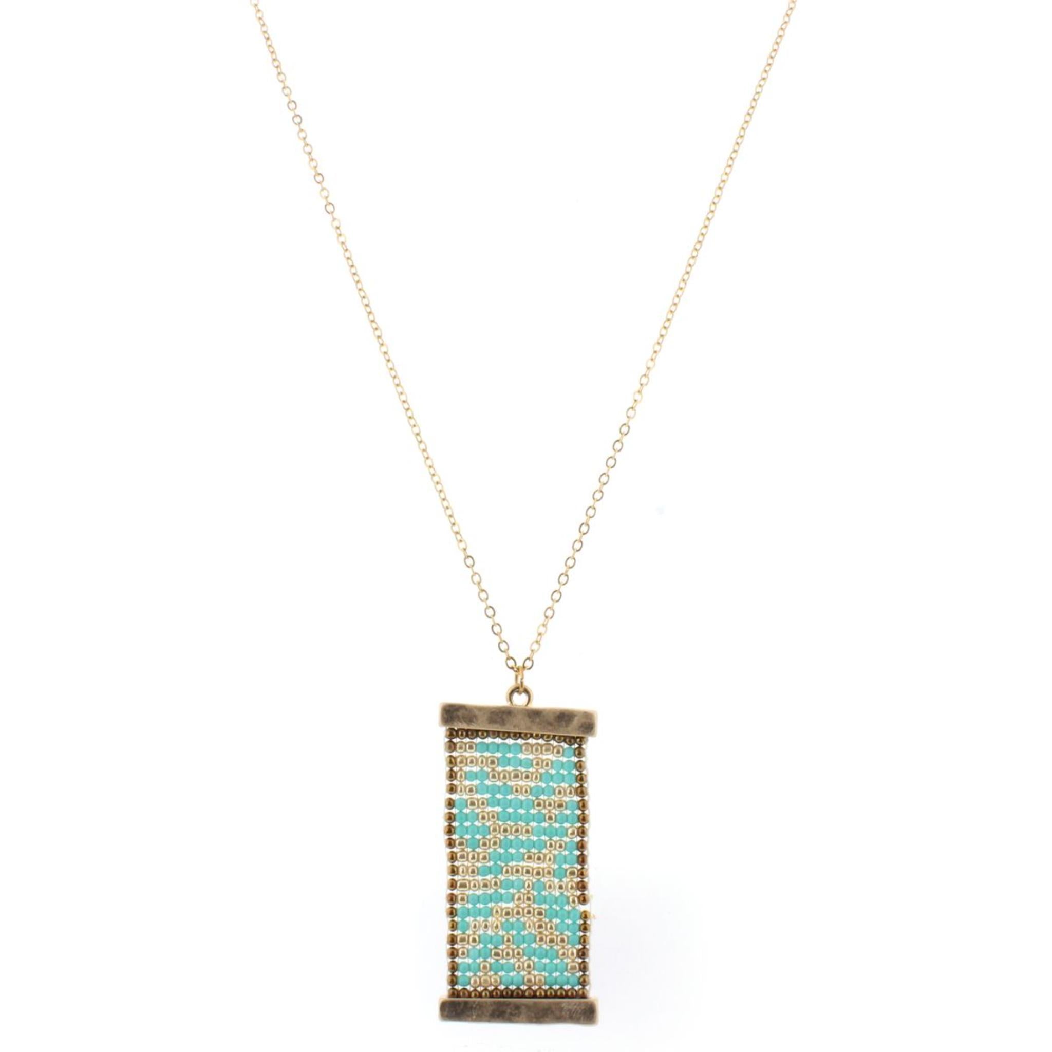 32" Gold Chain Necklace with Turquoise & Gold Beaded Shield, 3" Ext