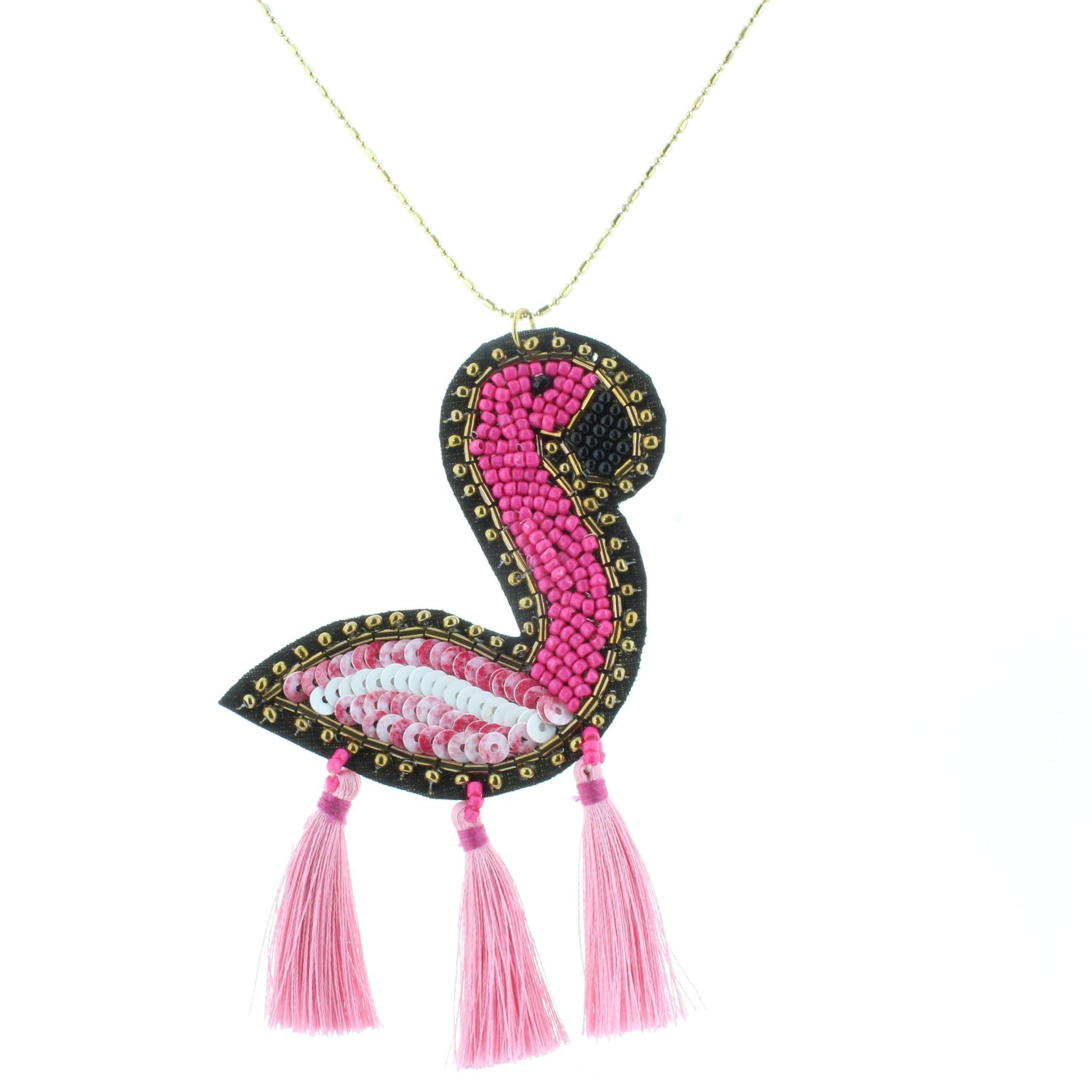 24" Gold Chain Necklace with Beaded Flamingo and Tassels, 3" Ext