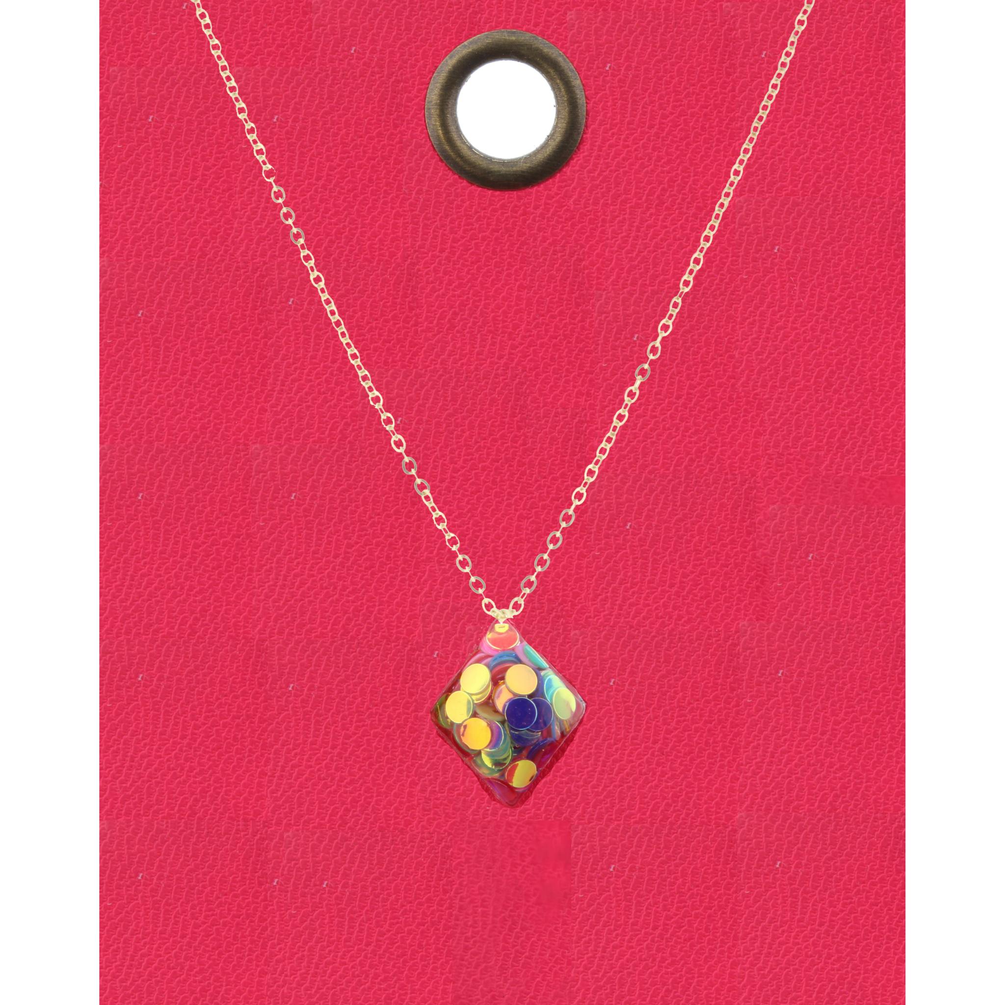 16" Gold Chain Necklace with Multi Color Confetti Diamond Shape Charm, 3" Ext