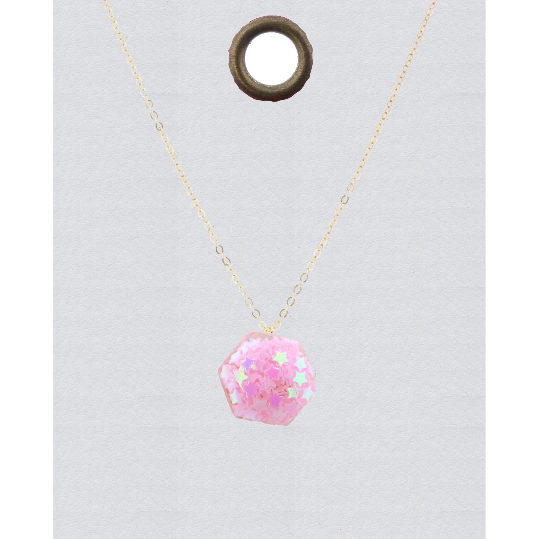 16" Gold Chain Necklace with Pink Confetti Hexagon, 3" Ext