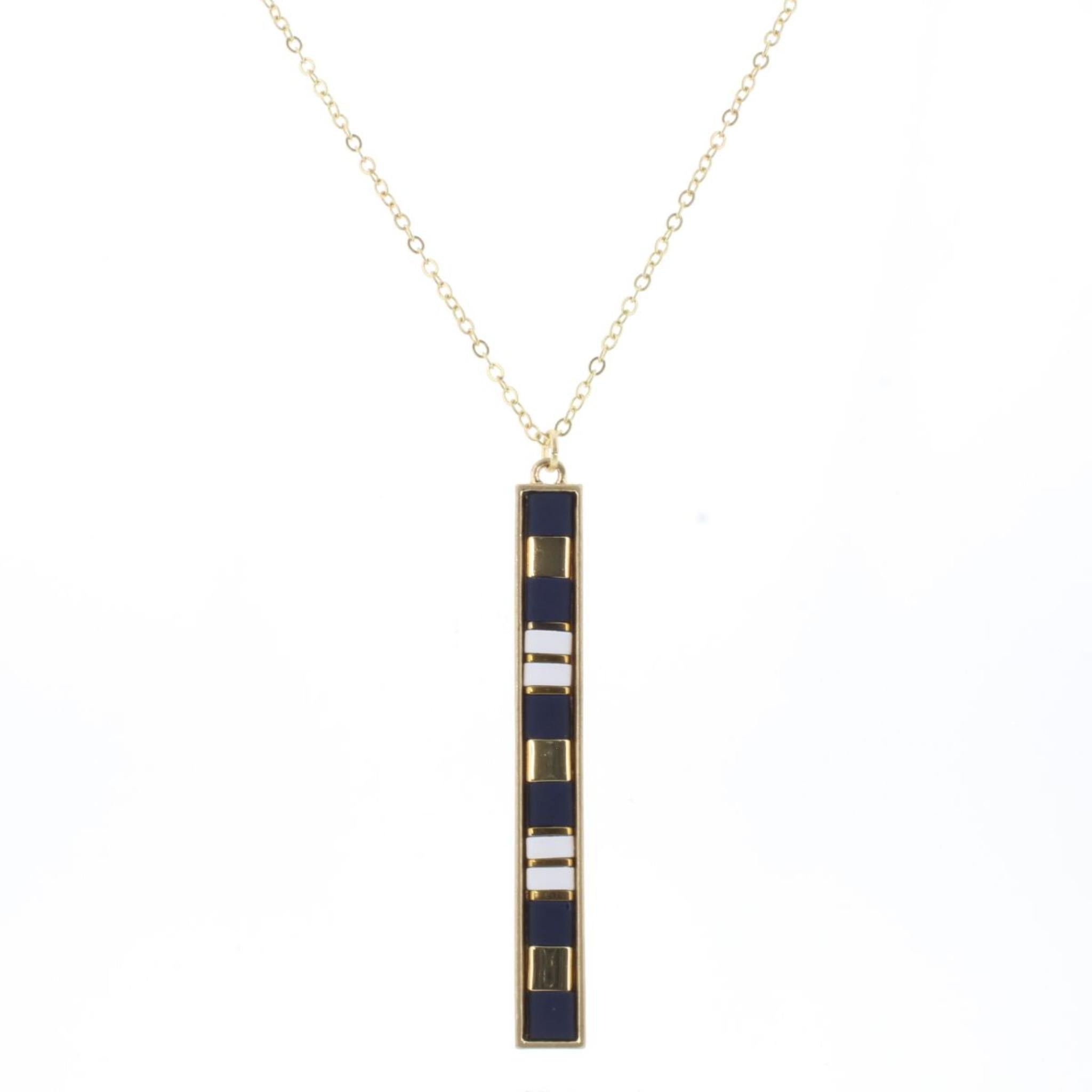 30" Navy, Gold, White Tila Beaded Bar Necklace, 3" Ext