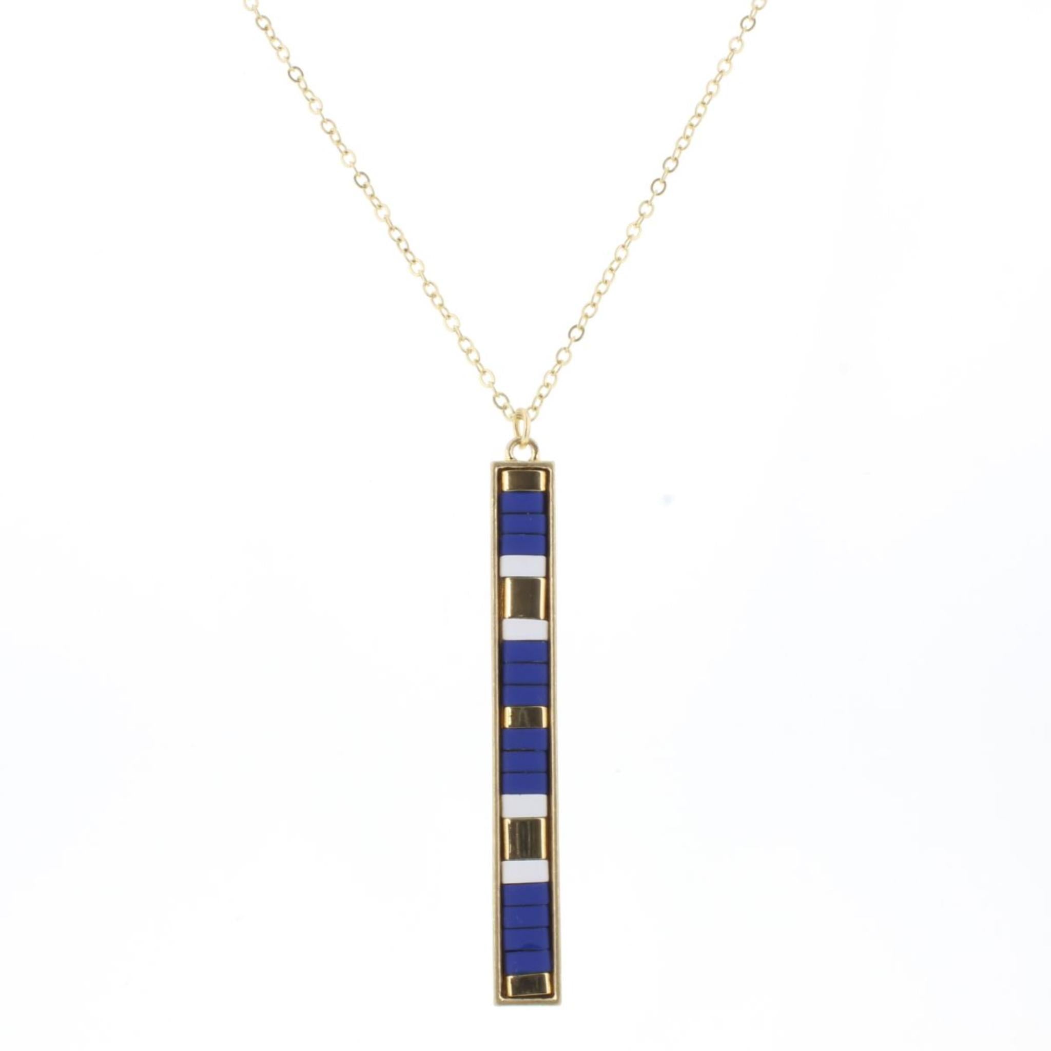 30" Royal, White, Gold Tila Beaded Bar Necklace, 3" Ext