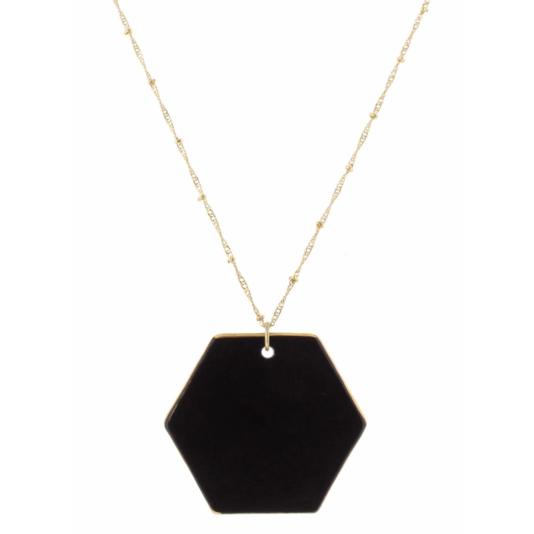 32" Jet Ceramic Hexagon Necklace, 3" Ext