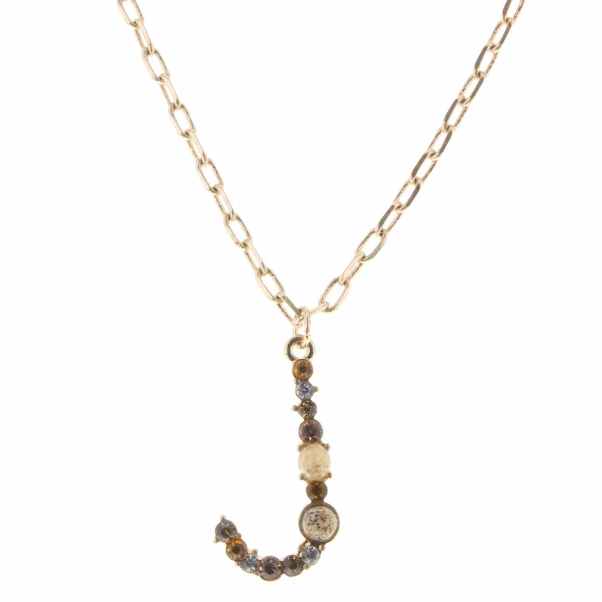 16" "J", Neutral Tone Stone & Czech Initial Necklace, 3" Ext