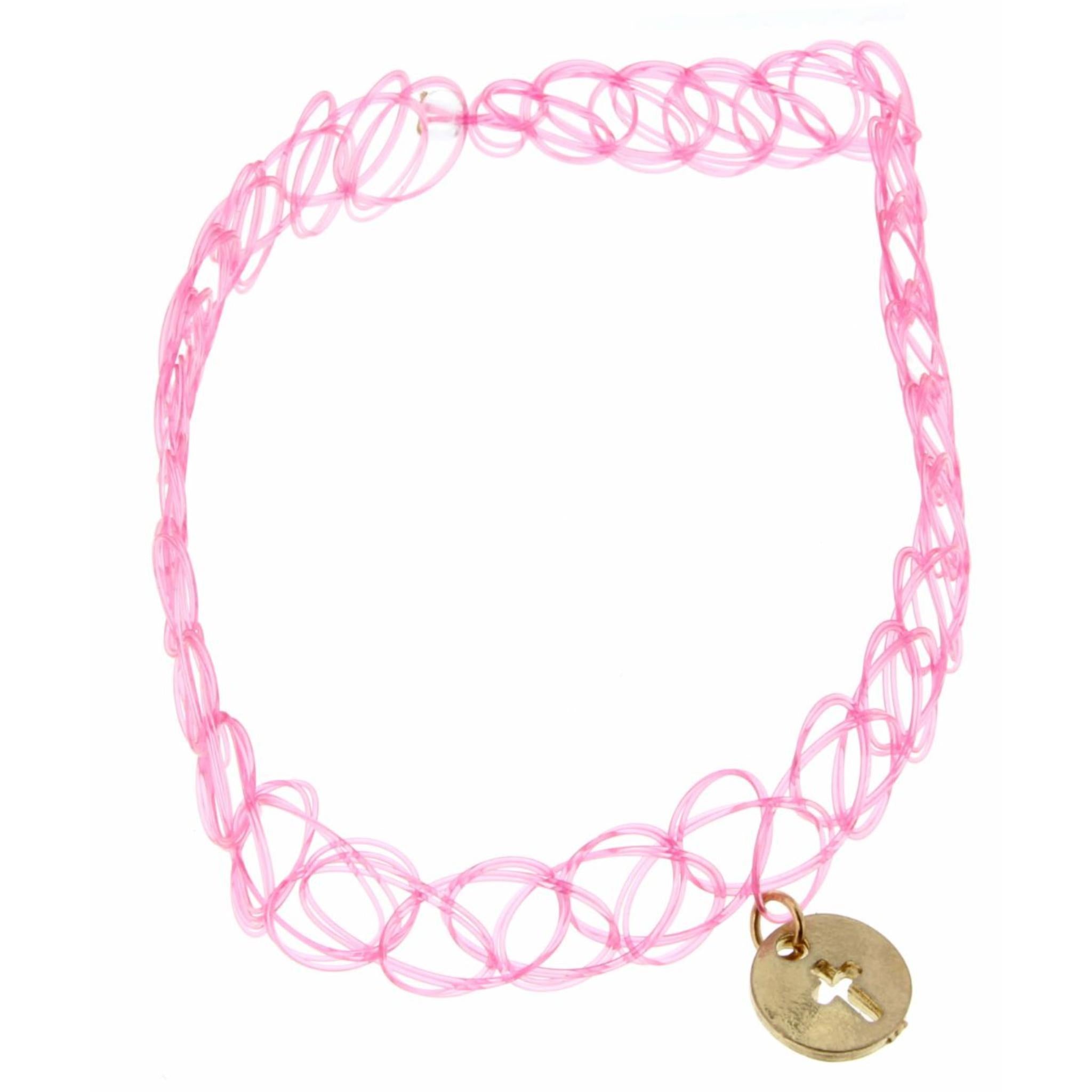 Kids 10-20" Pink Elastic Choker with Cross Charm Necklace