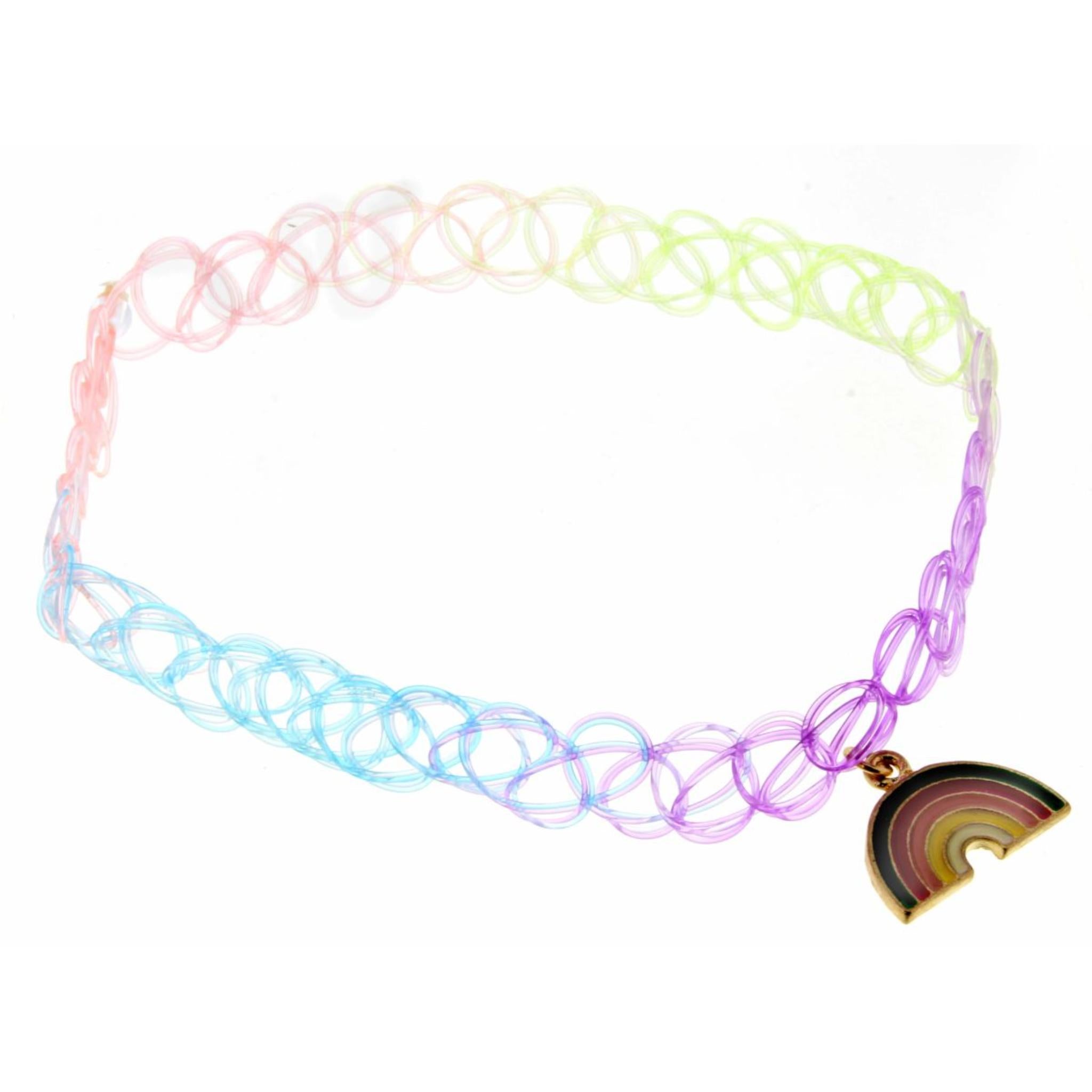 Kids 10-20" Pastel Rainbow Elastic Choker with Rainbow Charm Necklace