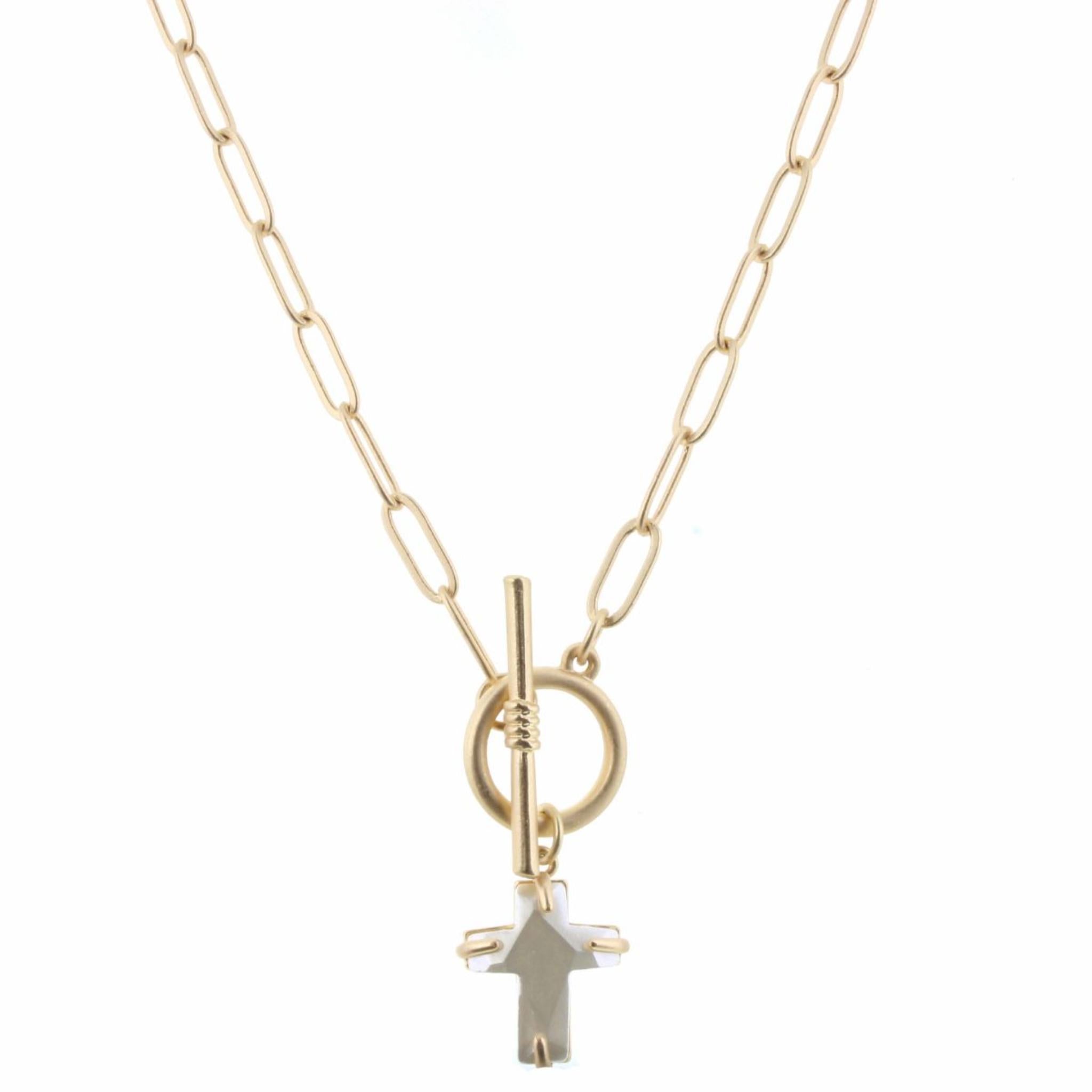 16" Gold Chain with Pearl Cross & Toggle Necklace