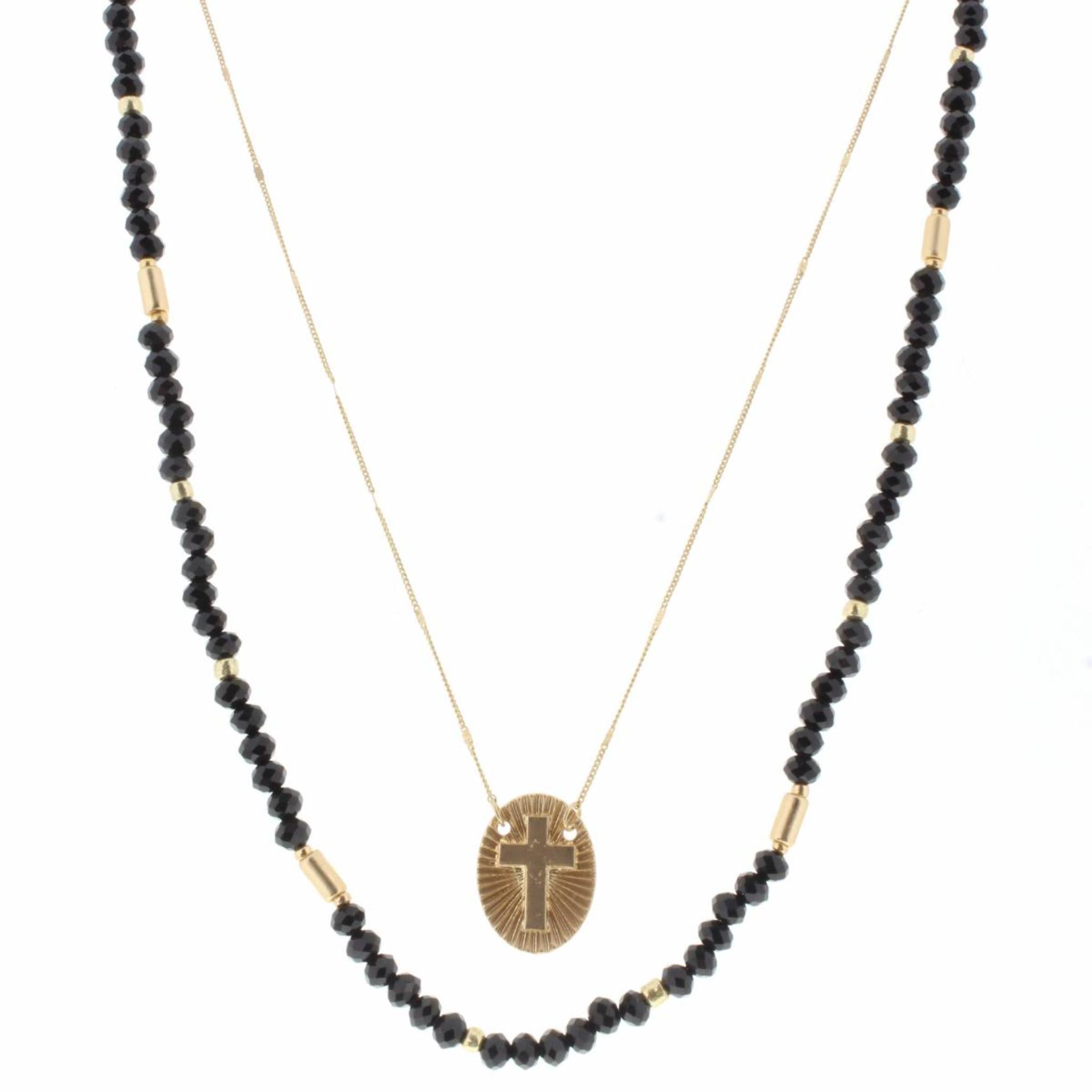 16", 18" 2 Layer Jet Beaded, Gold Chain with Cross Oval Necklace, 3" Ext