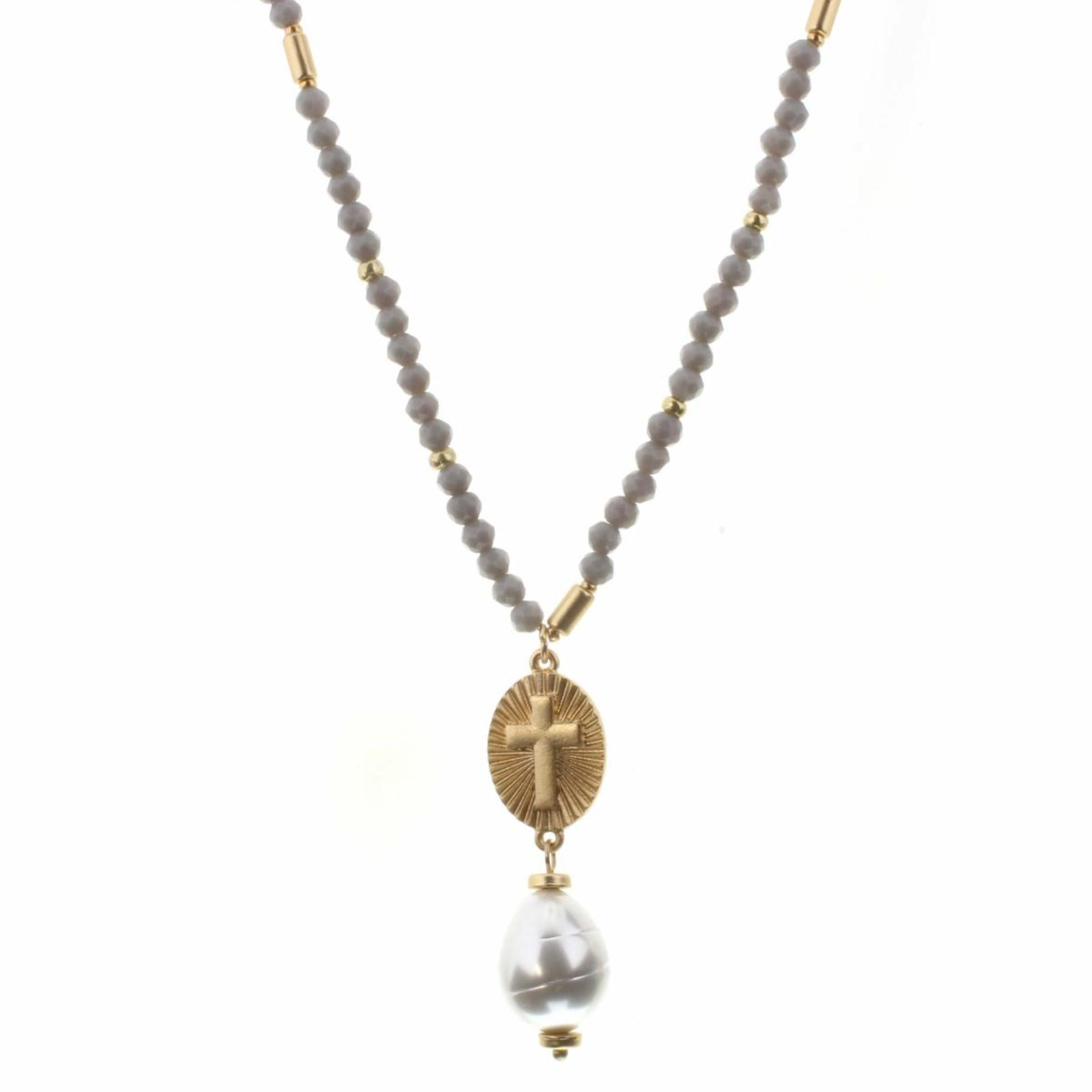 30" Gold Cross with Pearl Drop on Grey Body Necklace, 2" Ext