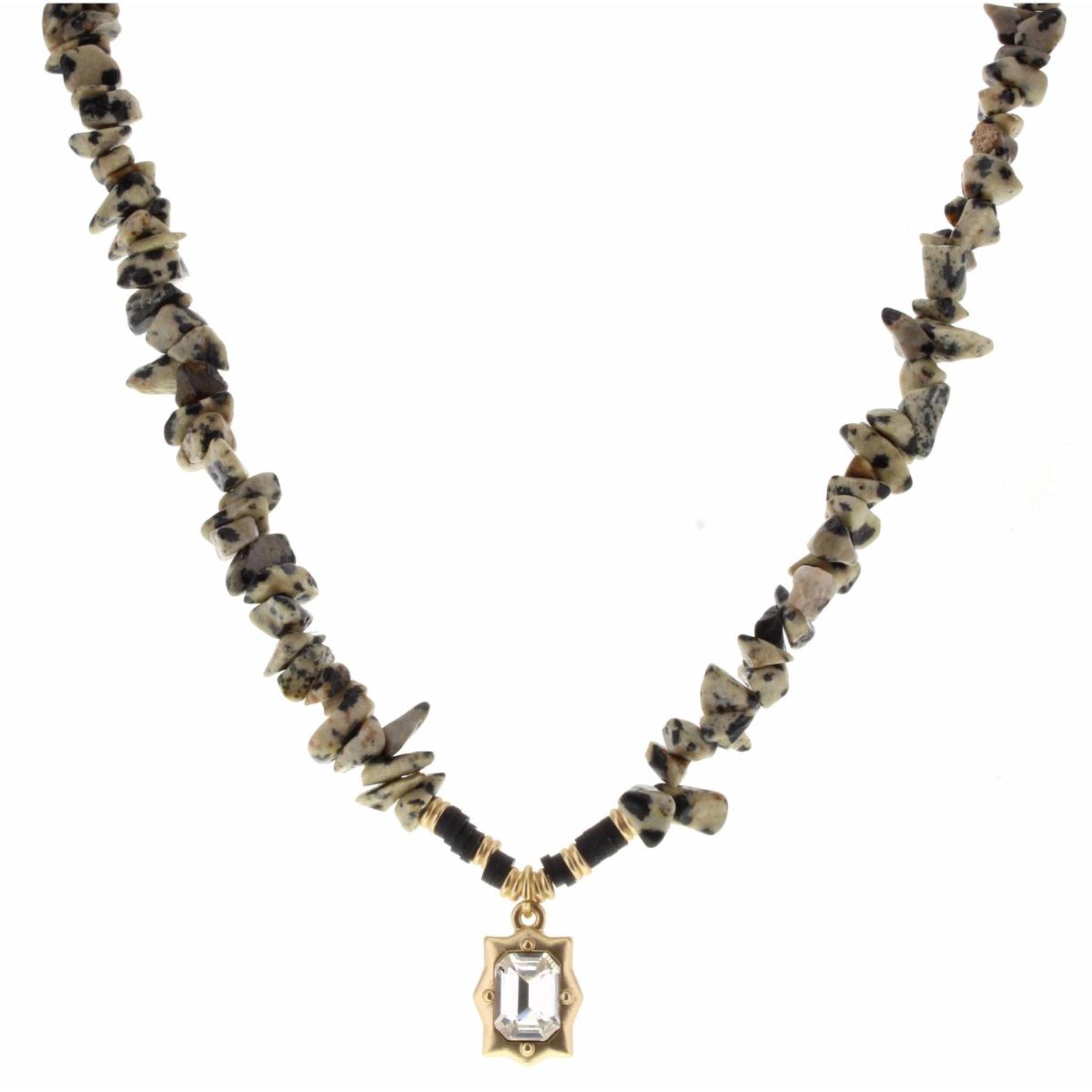16" Natural Dalmation Body, Clear Crystal Rectangle Charm Necklace, 3" Ext