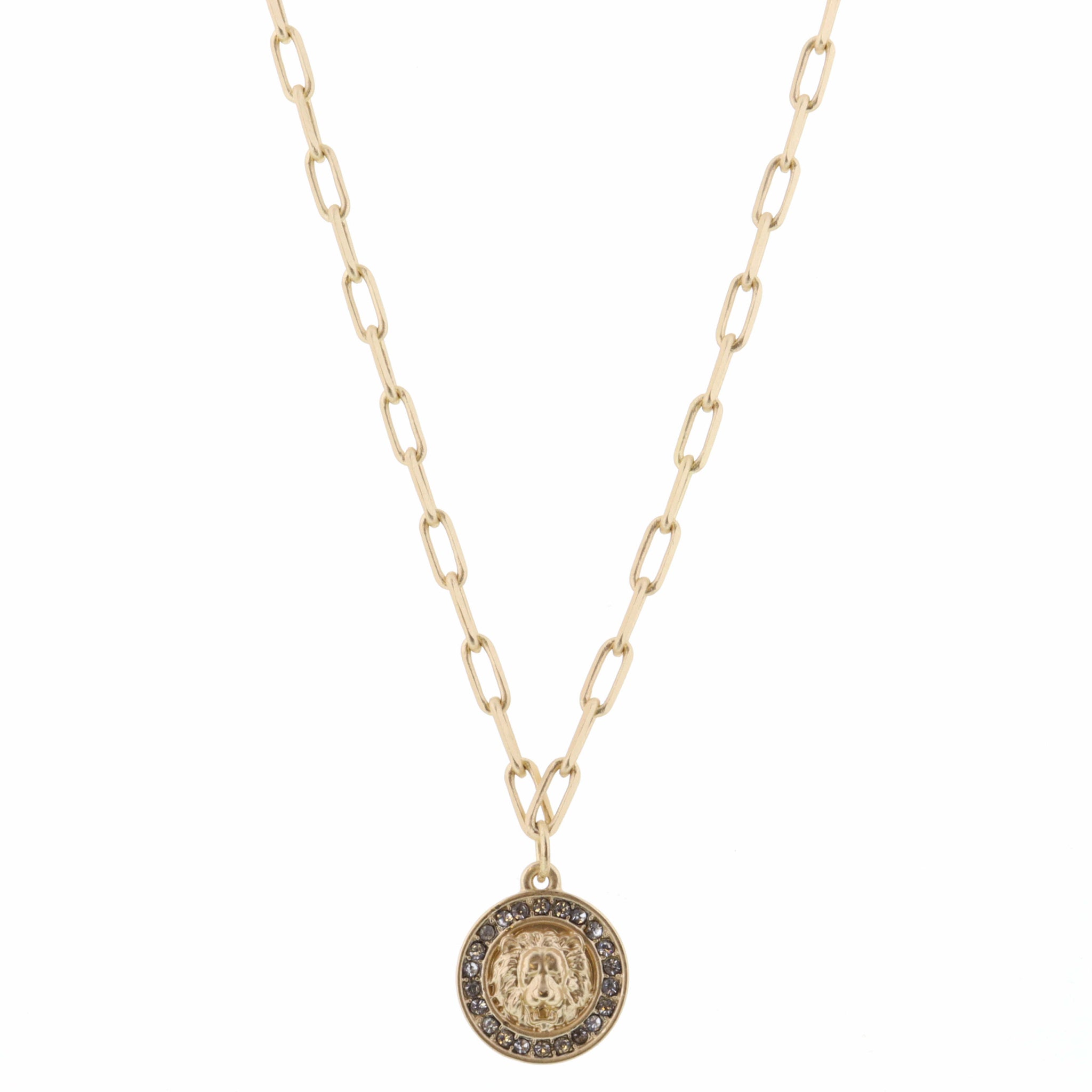 16" Lion Embelished with Clear Crystals on Gold Chain Necklace, 3" Ext