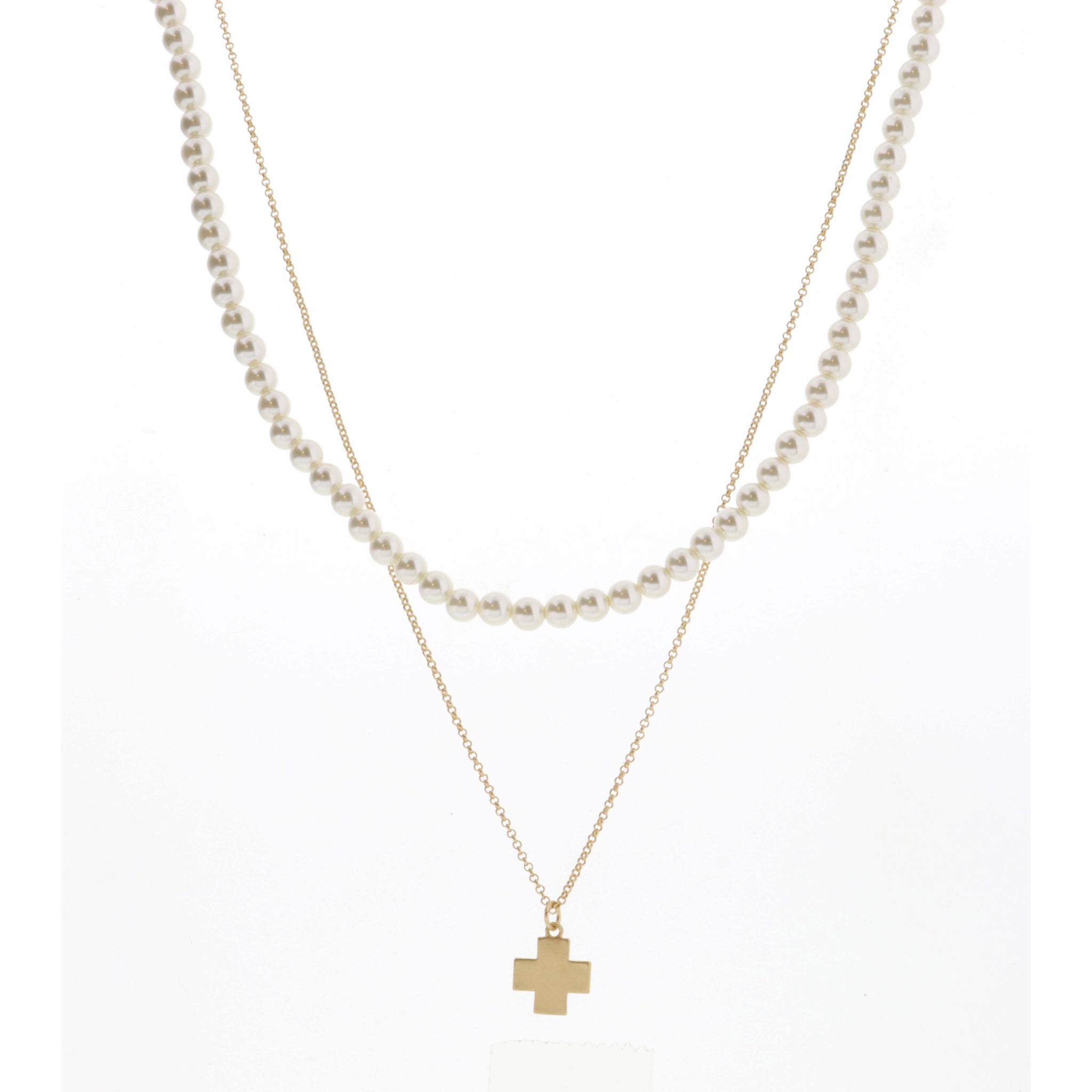 16", 18" 2 Layer Pearl Chain and Gold Square Cross Necklace, 3" Ext
