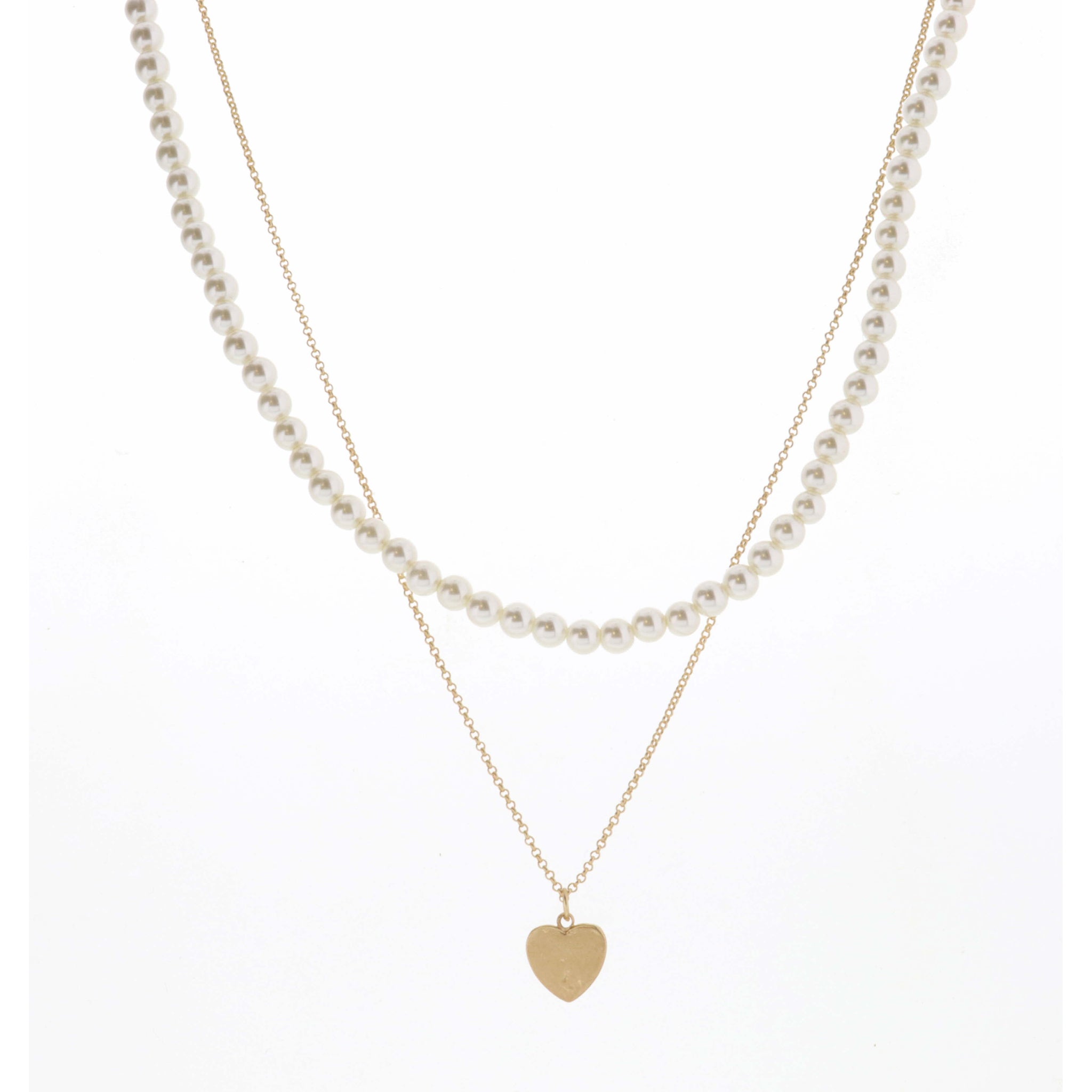 16", 18" 2 Layer Pearl Chain and Textured Heart Necklace, 3" Ext