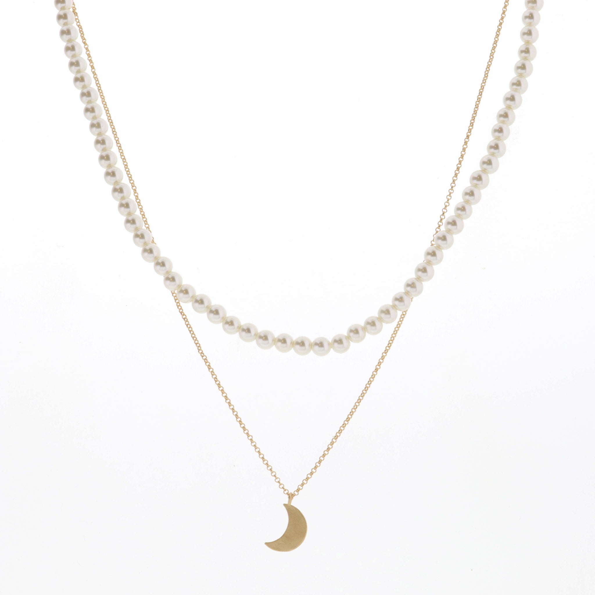 16", 18" 2 Layer Pearl Chain and Textured Moon Necklace, 3" Ext