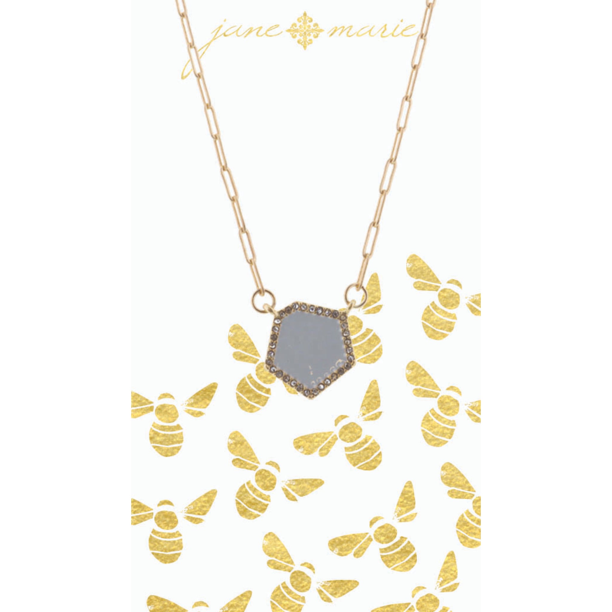 16" Grey Hexagon with Clear Crystals on Gold Chain Necklace, 3" Ext