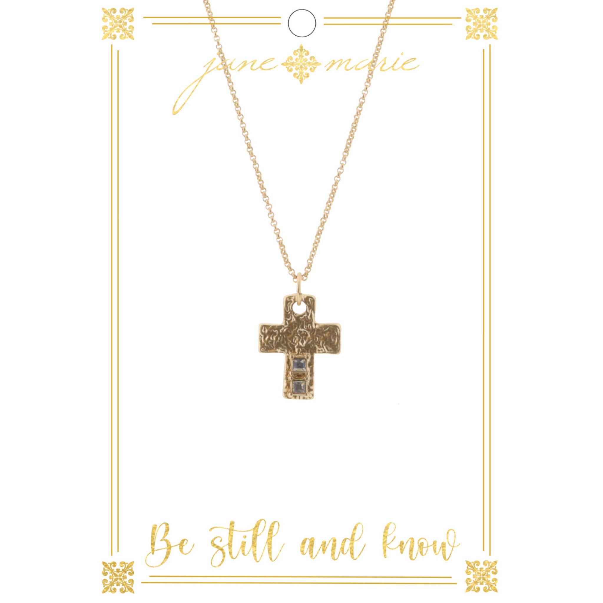 16" Gold Hammered Cross with Crystals on Gold Chain Necklace, 3" Ext