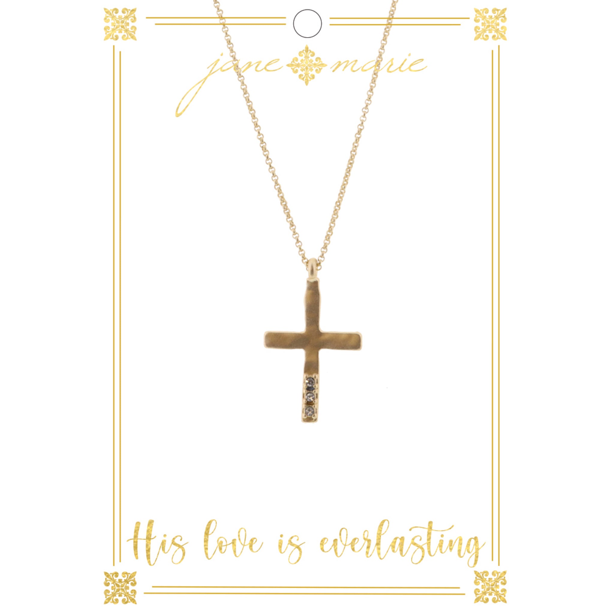 16" Gold Cross with Clear Crystals on Gold Chain Necklace, 3" Ext