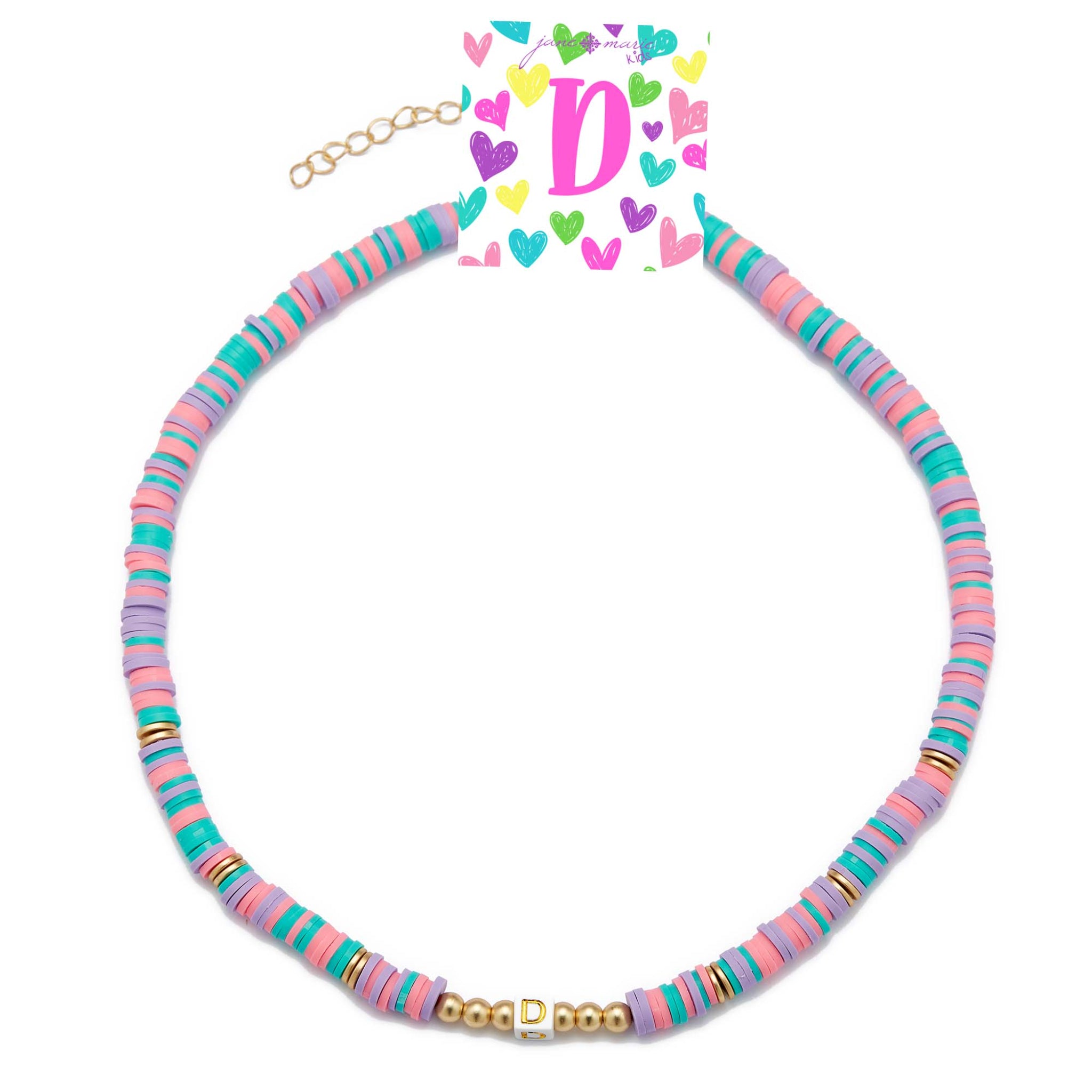 Kids 16" Multi Rubber Disk Beaded with White Block "D" Initial Kids Necklace, 3" Ext