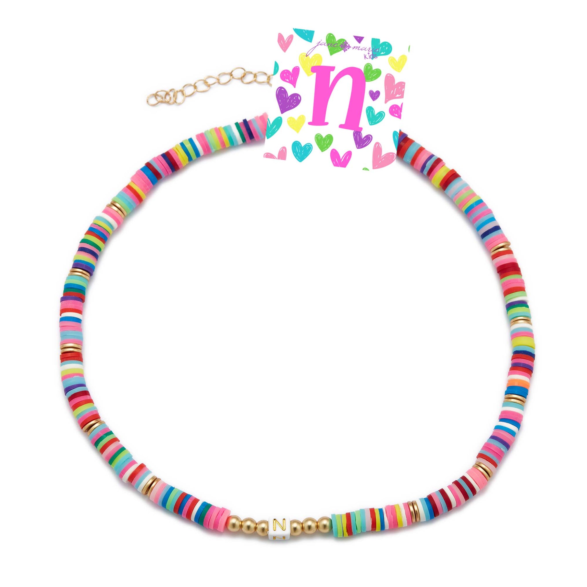 Kids 16" Multi Rubber Disk Beaded with White Block "N" Initial Kids Necklace, 3" Ext
