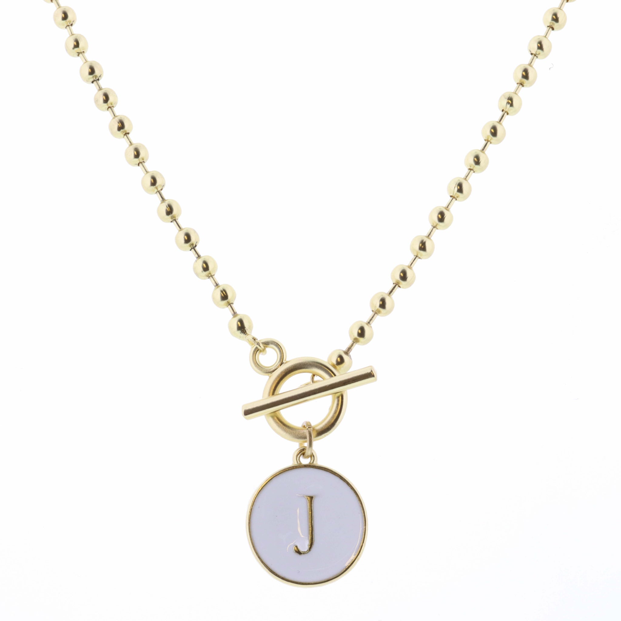 16" White Epoxy "J" Initial on Bead Chain with Toggle Necklace, 3" Ext