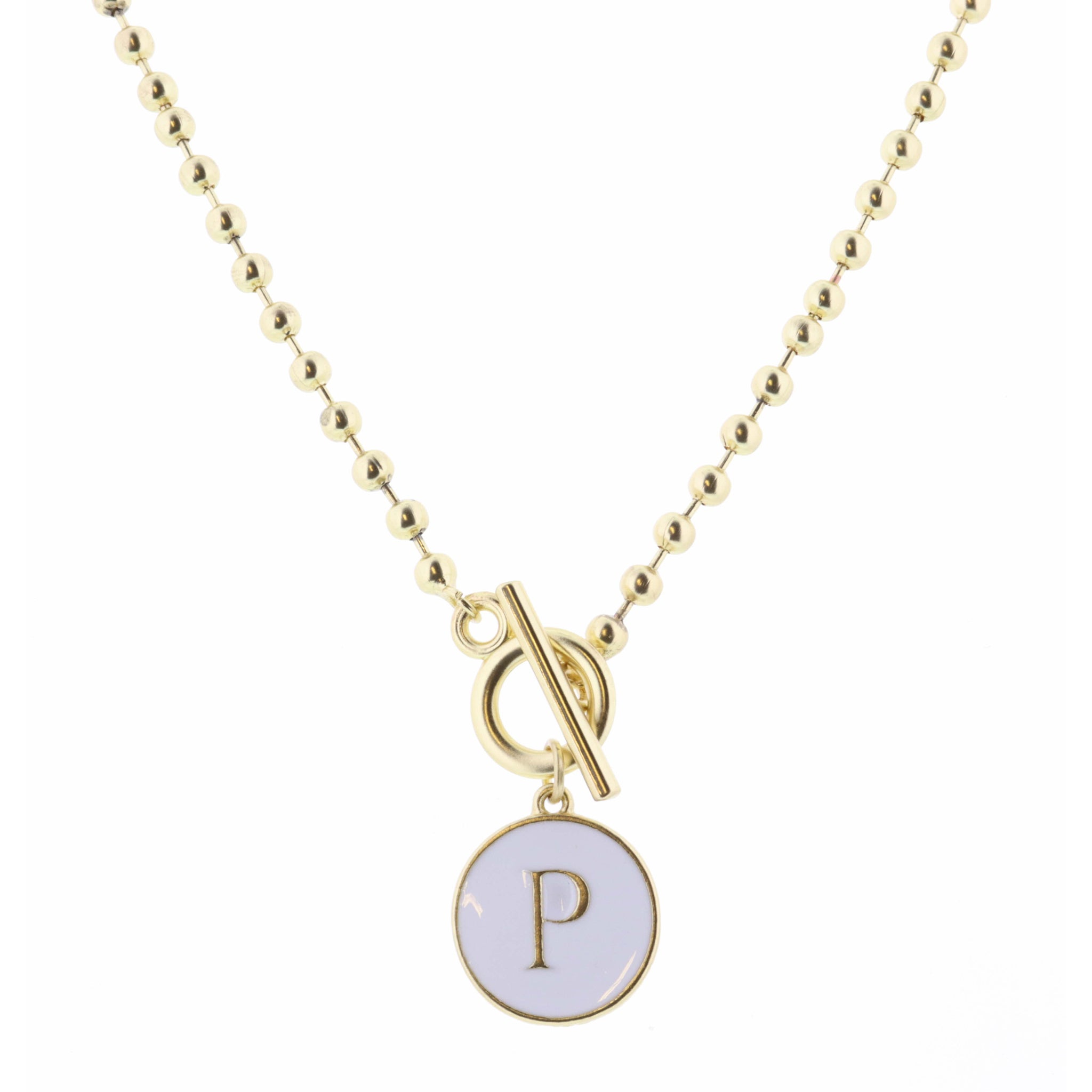 16" White Epoxy "P" Initial on Bead Chain with Toggle Necklace, 3" Ext