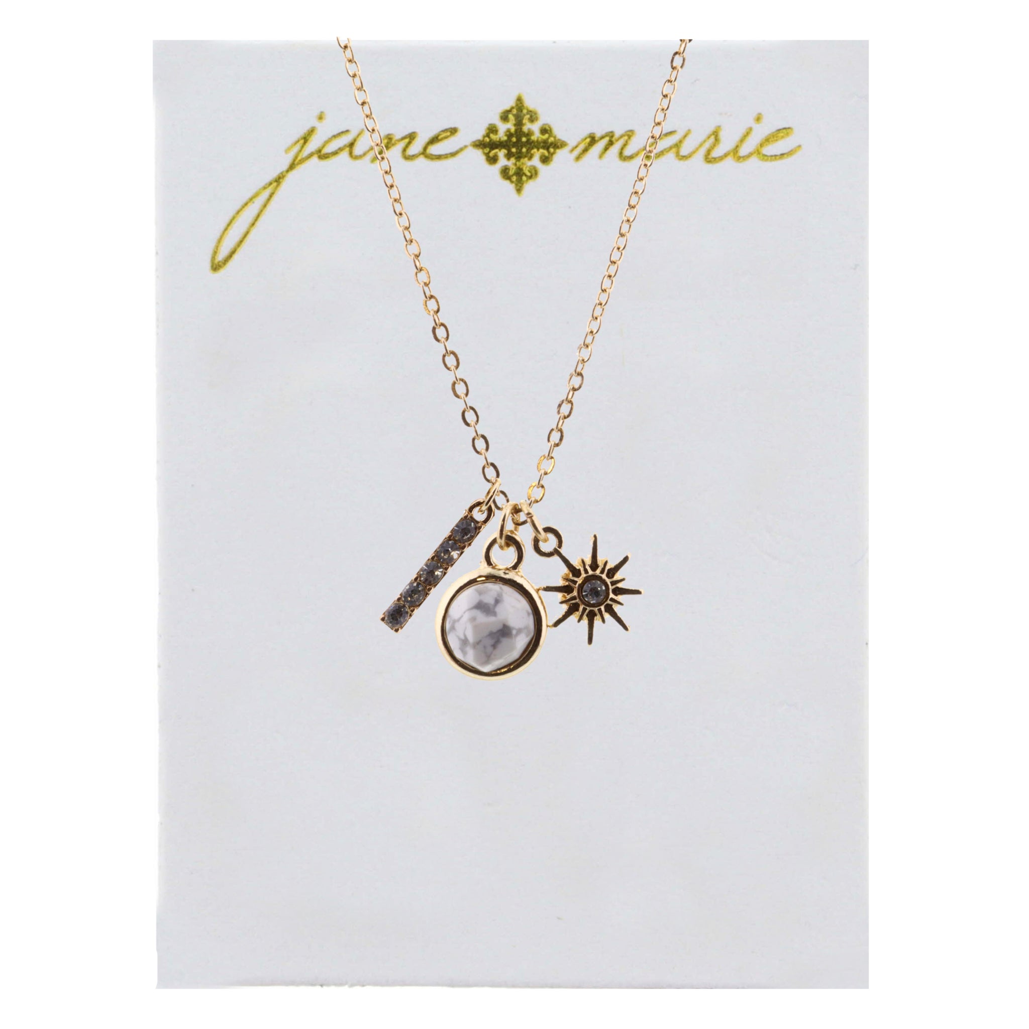 16" Howlite Circle, Rhinestone Bar, and Star Necklace, 3" Ext