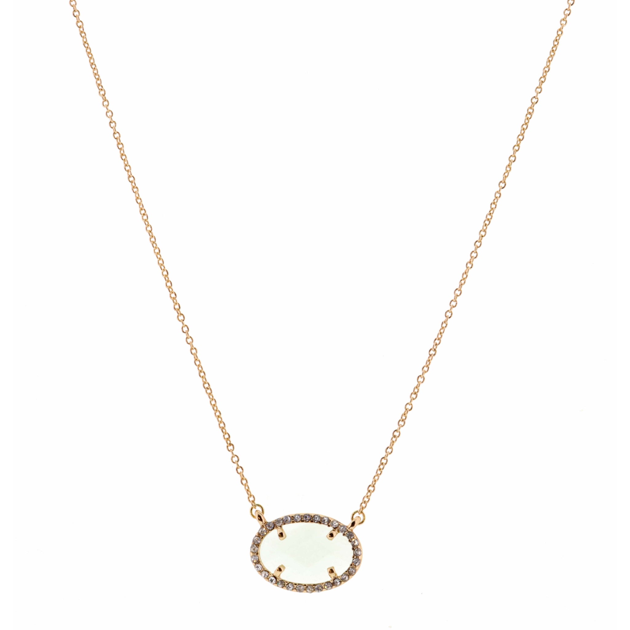 14" Chalcedony Oval Encased in Gold & Clear Stones Necklace, 3" Ext