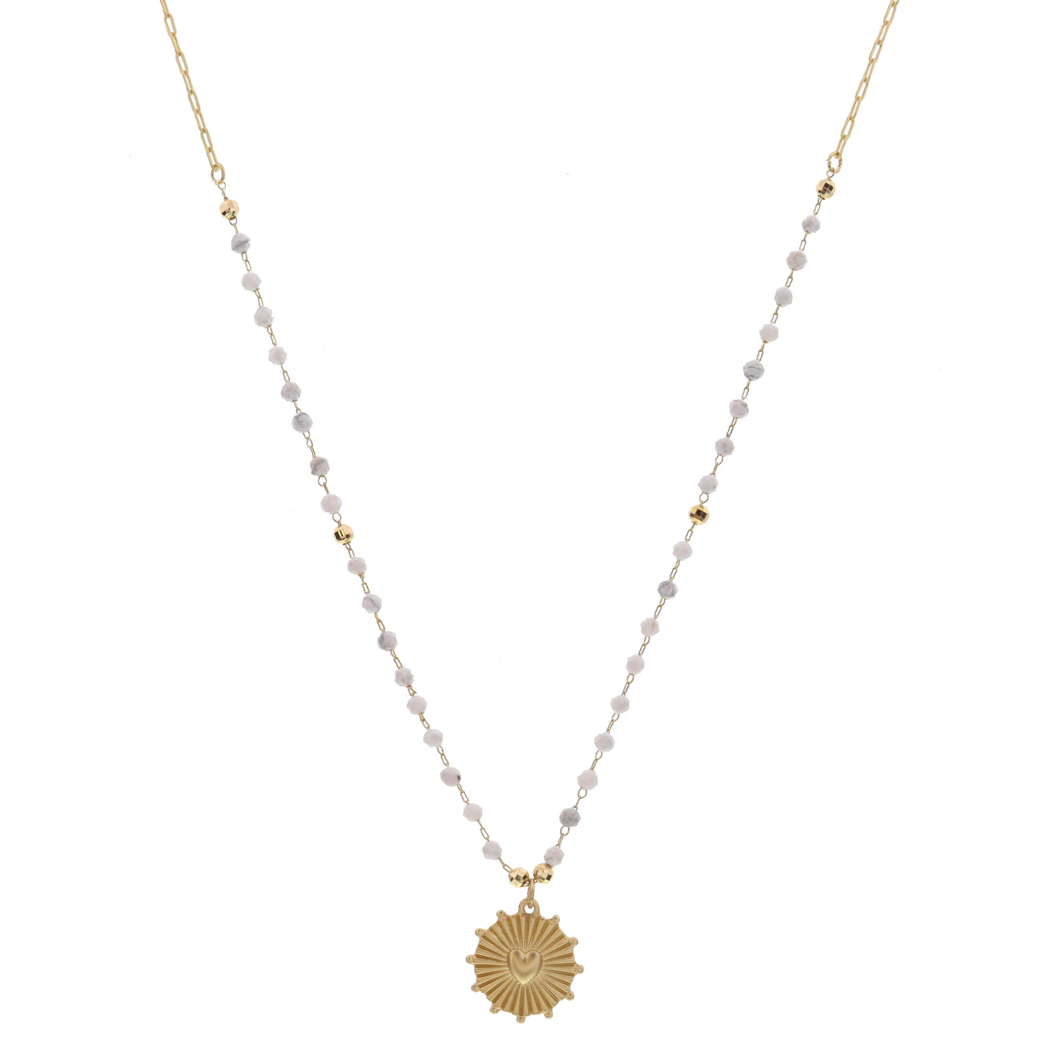 16" Howlite Stations with Stamped Heart Disc Charm Necklace , 3" Ext