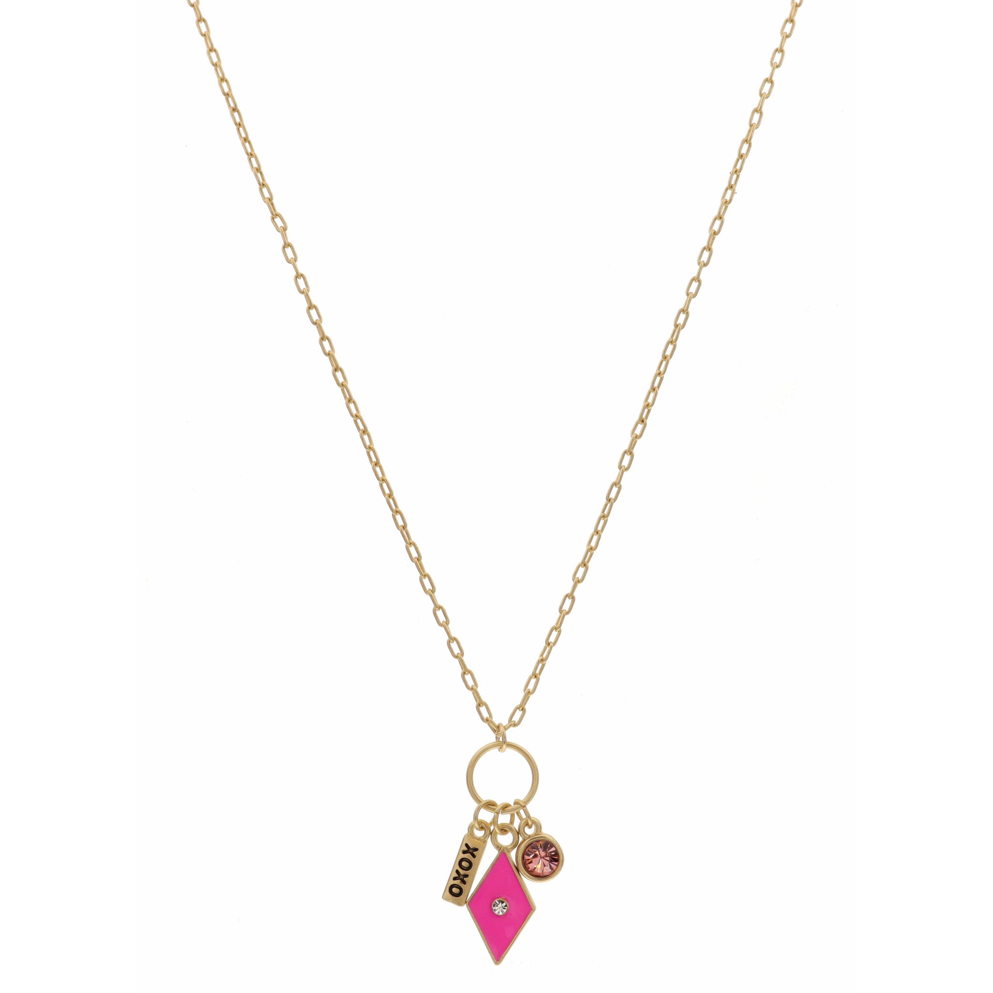16" XOXO Bar, Hot Pink Diamond, and Pink Crystal Necklace , 3" Ext