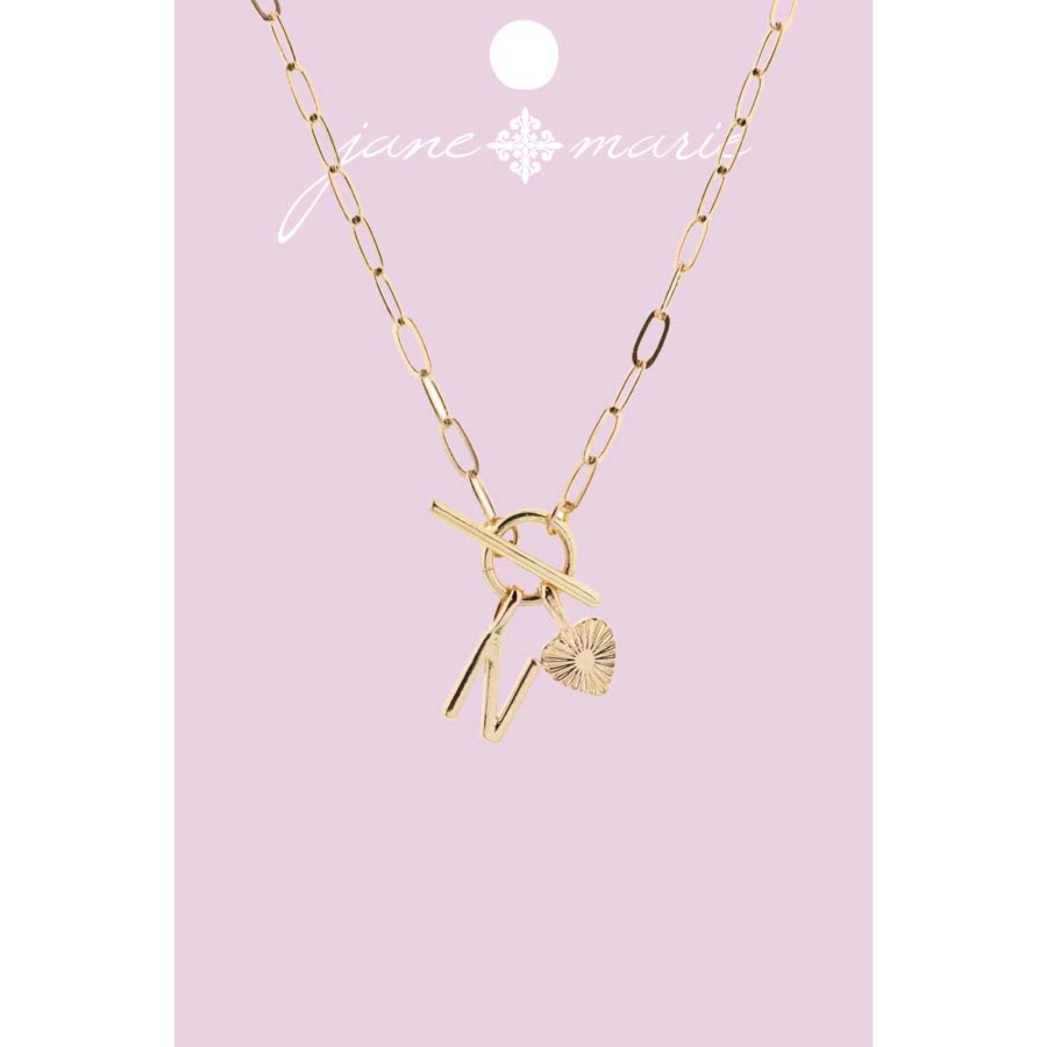 16" Gold "N" Initial with Textured Heart Necklace, .25", .50" Pendant