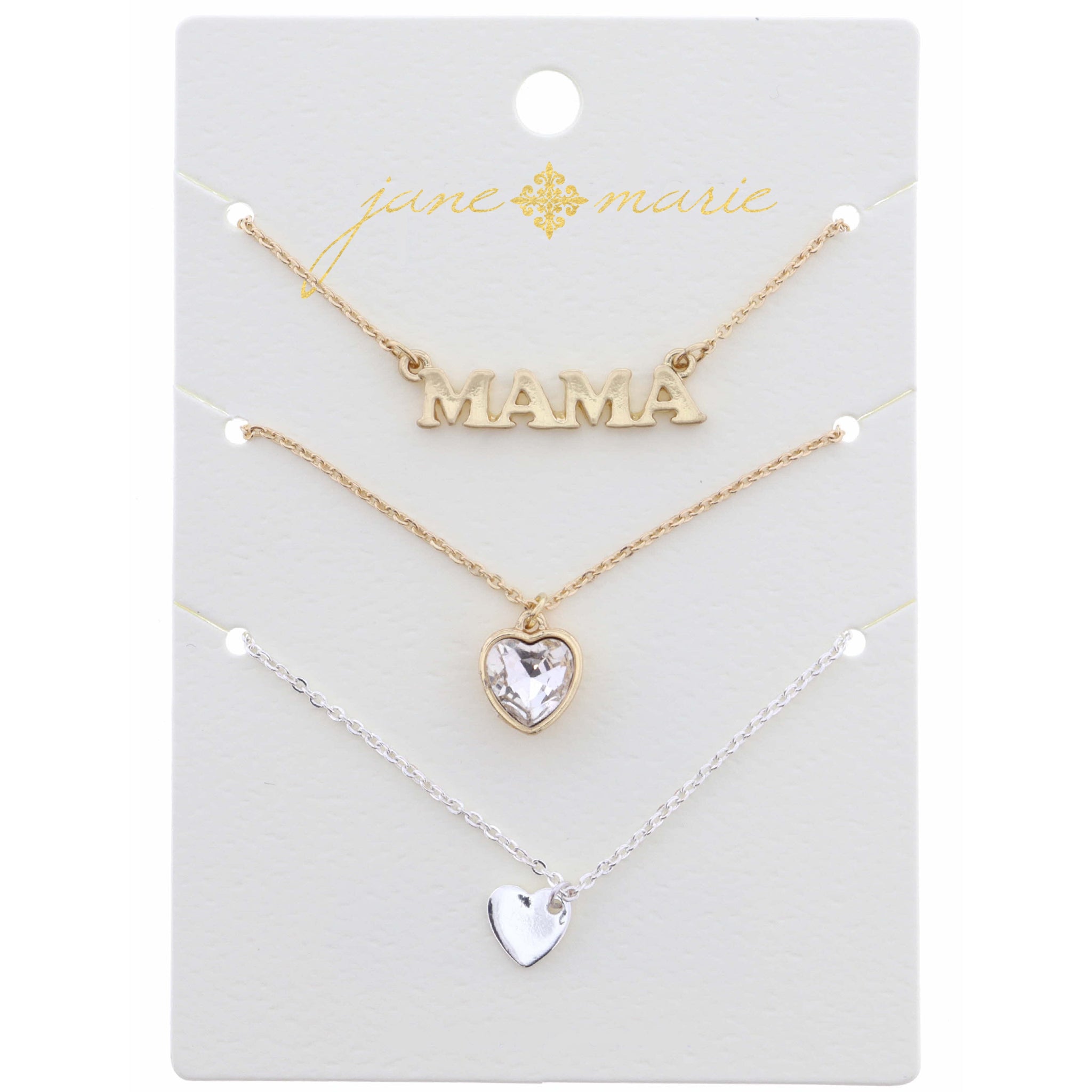 16" Set of 3, Gold Mama, Hearts Necklace, .25", .50", .25" Pendant, 3" Ext