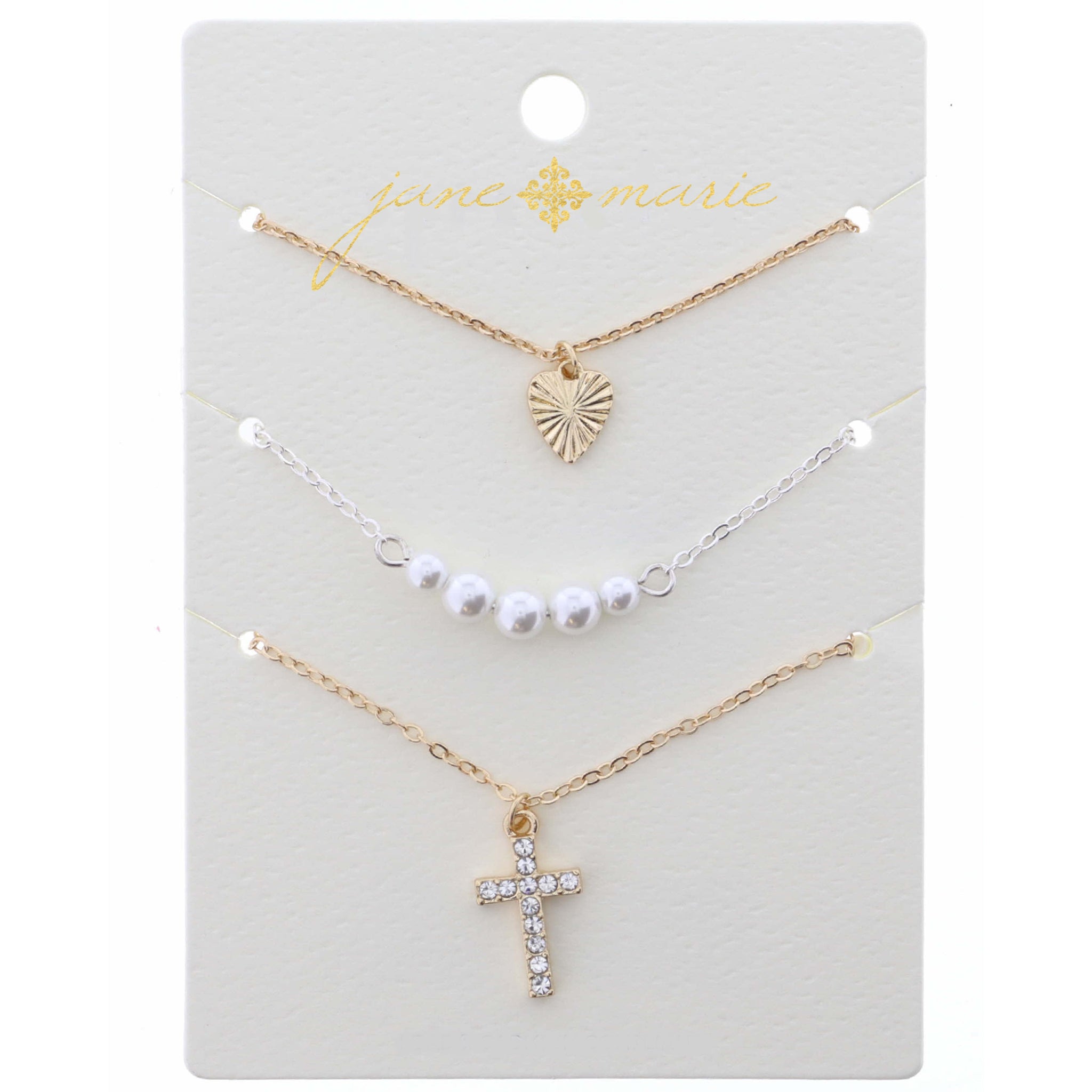 16" Set of 3, Heart, Pearl, Cross Necklace, .25", .25", 1" Pendant, 3" Ext