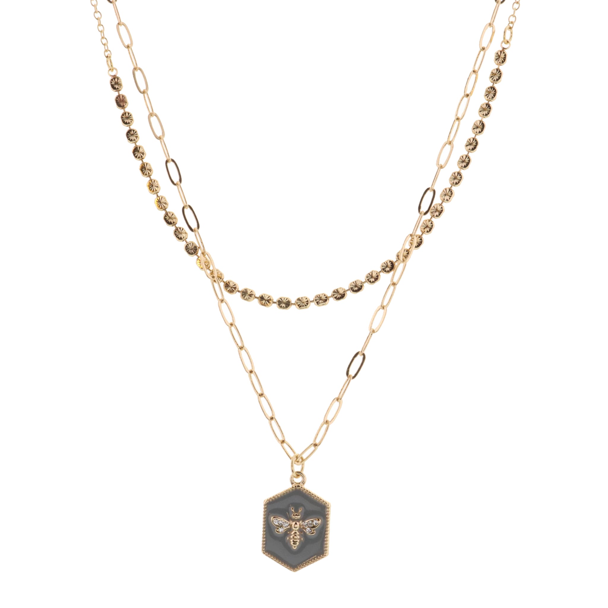 16", 18" 2 Layered Bee on Grey Hexagon Necklace, 3" Ext