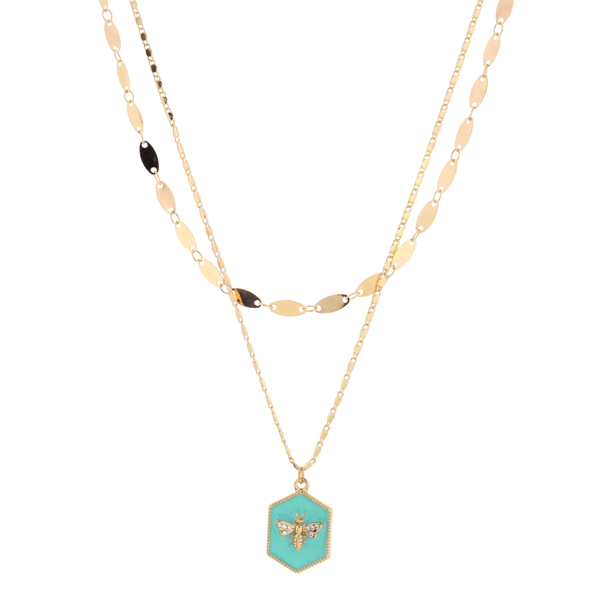 16", 18" 2 Layered Bee on Mint Hexagon Necklace, 3" Ext