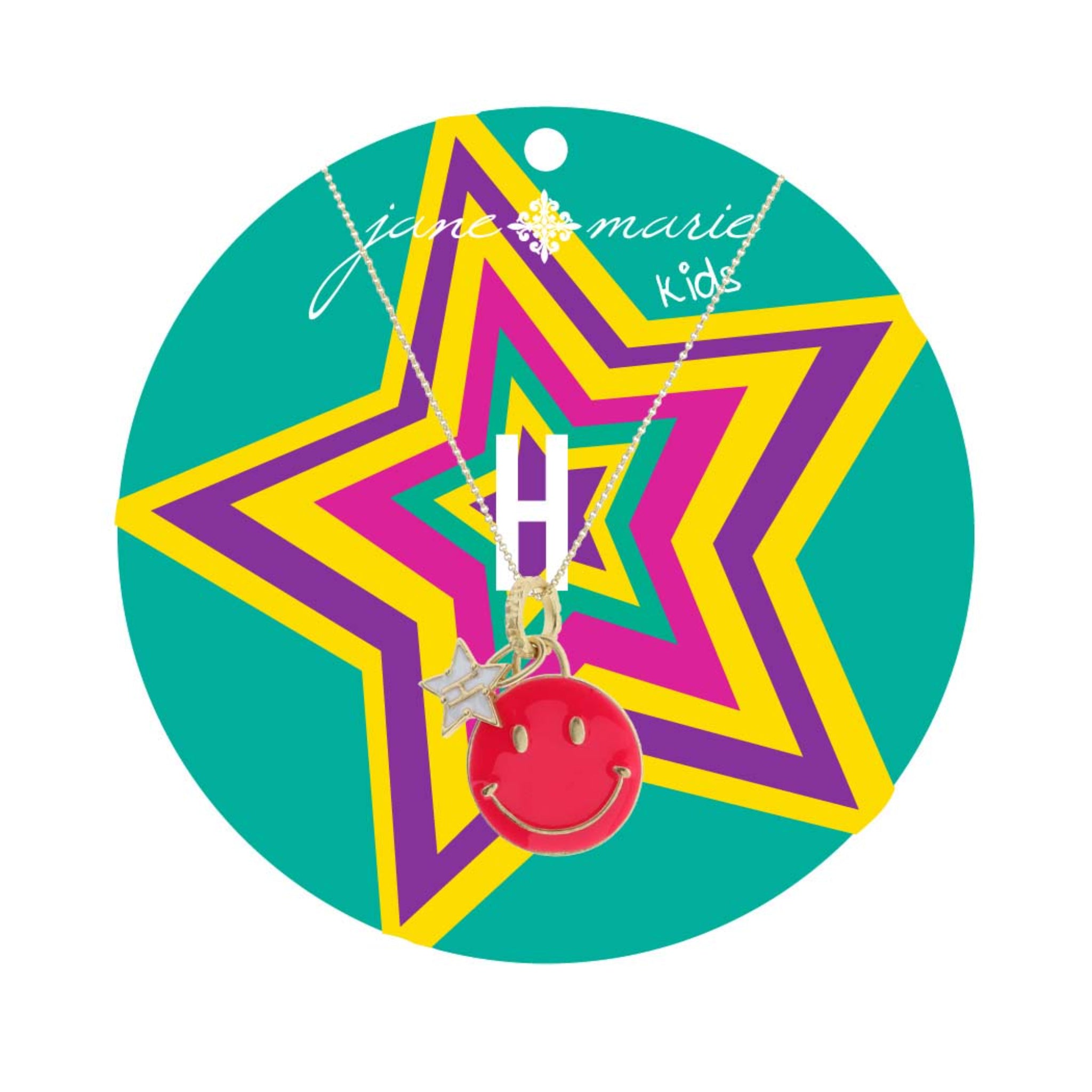 Kids 14" Happy Face, Hot Pink & Yellow with Star "H" Necklace, 3" Ext