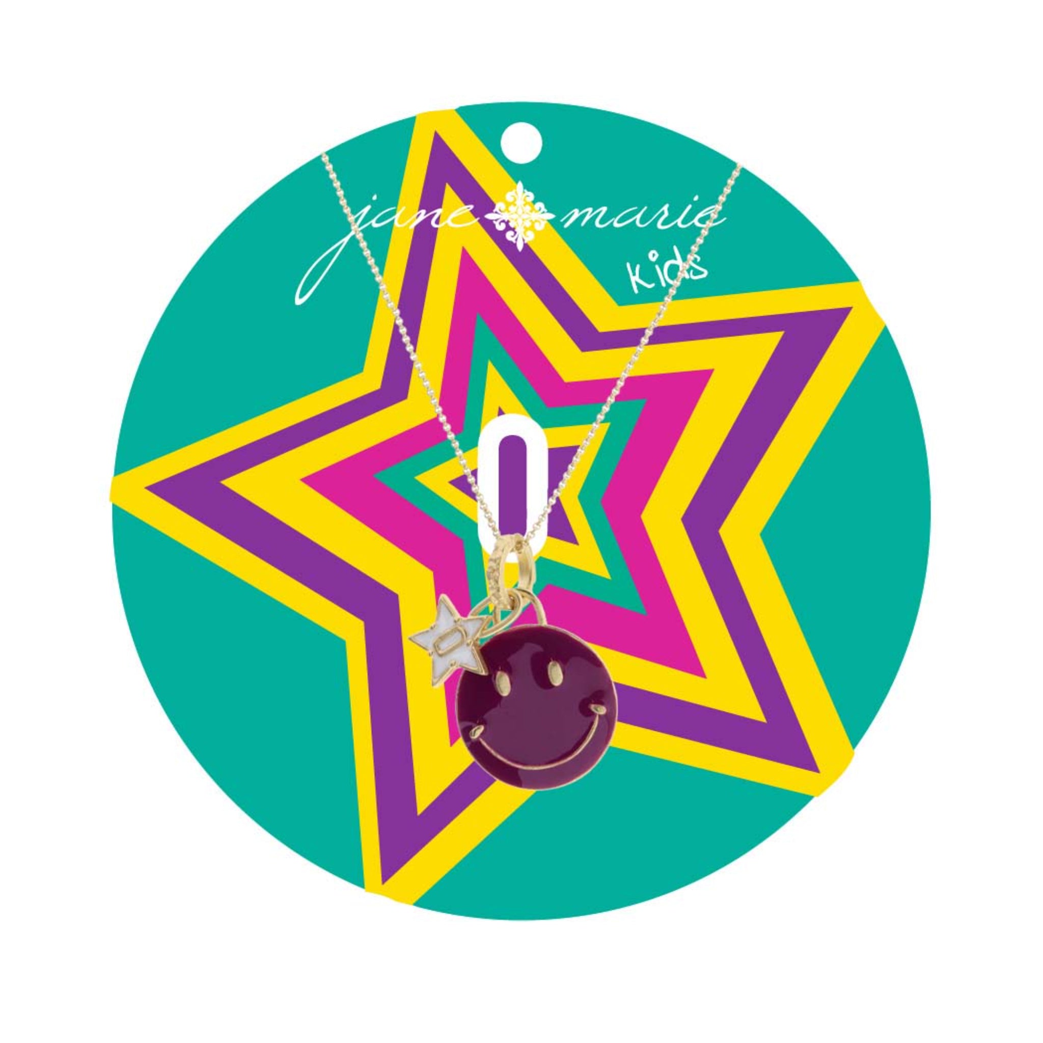 Kids 14" Happy Face, Purple & Yellow with Star "O" Necklace, 3" Ext